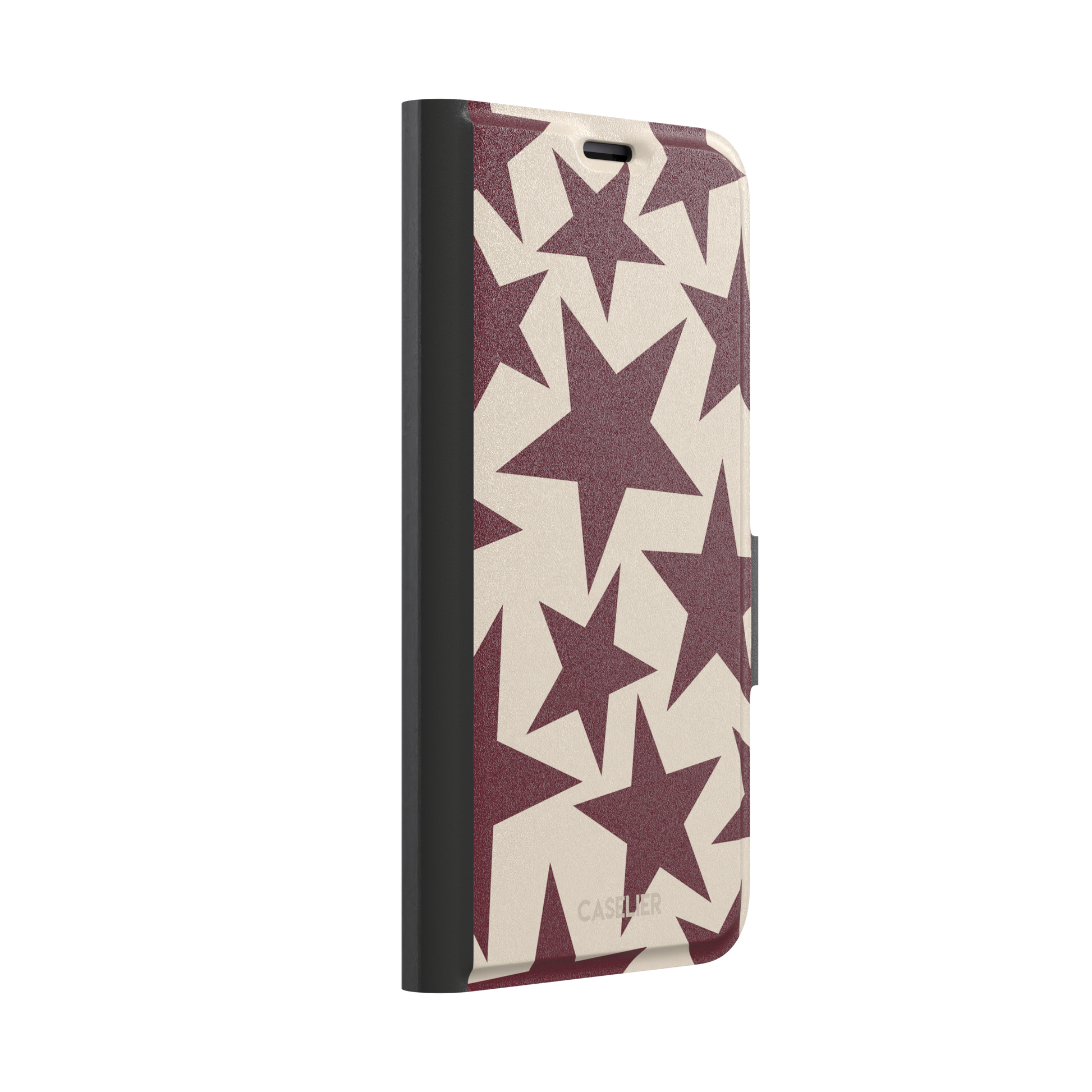 Stars phone case in deep crimson and warm cream with oversized scattered star pattern, phone case by Caselier — wallet case, left view
