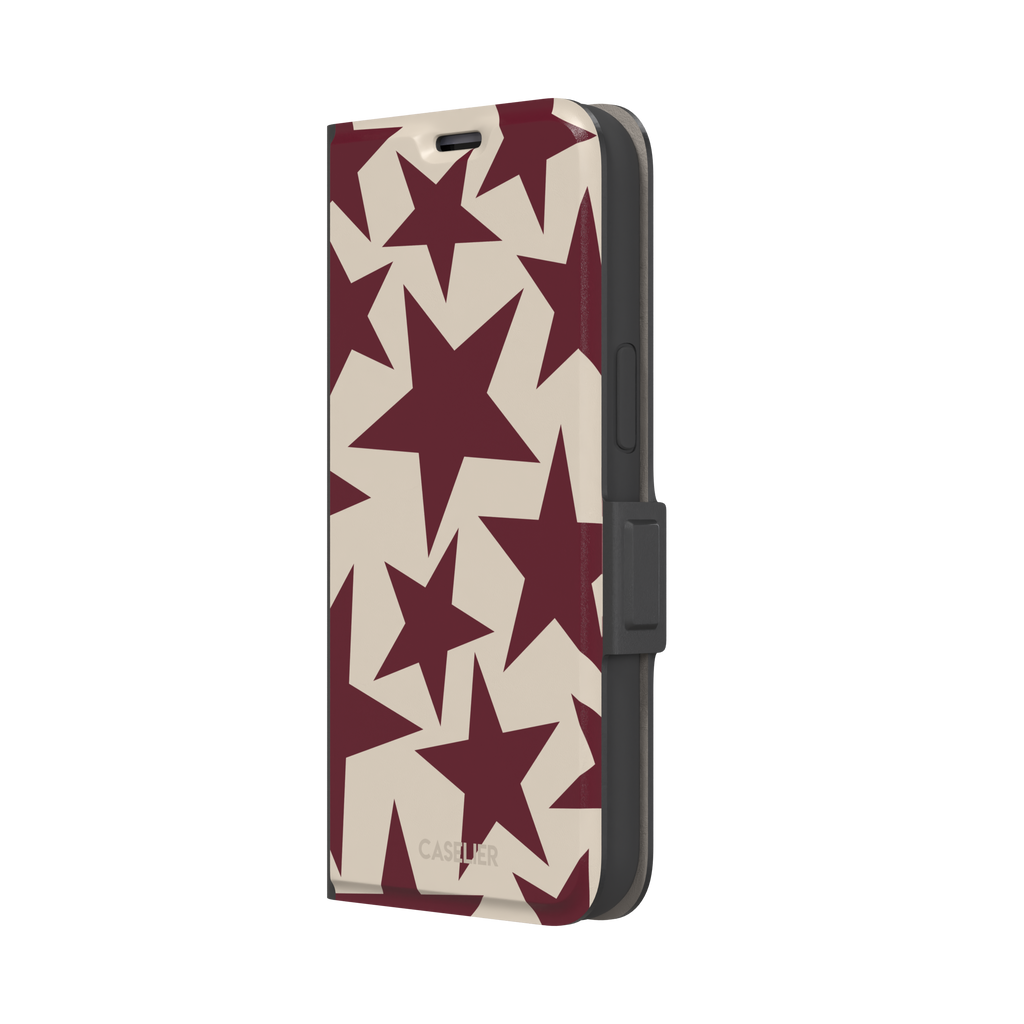 Stars phone case in deep crimson and warm cream with oversized scattered star pattern, phone case by Caselier — wallet case, right view