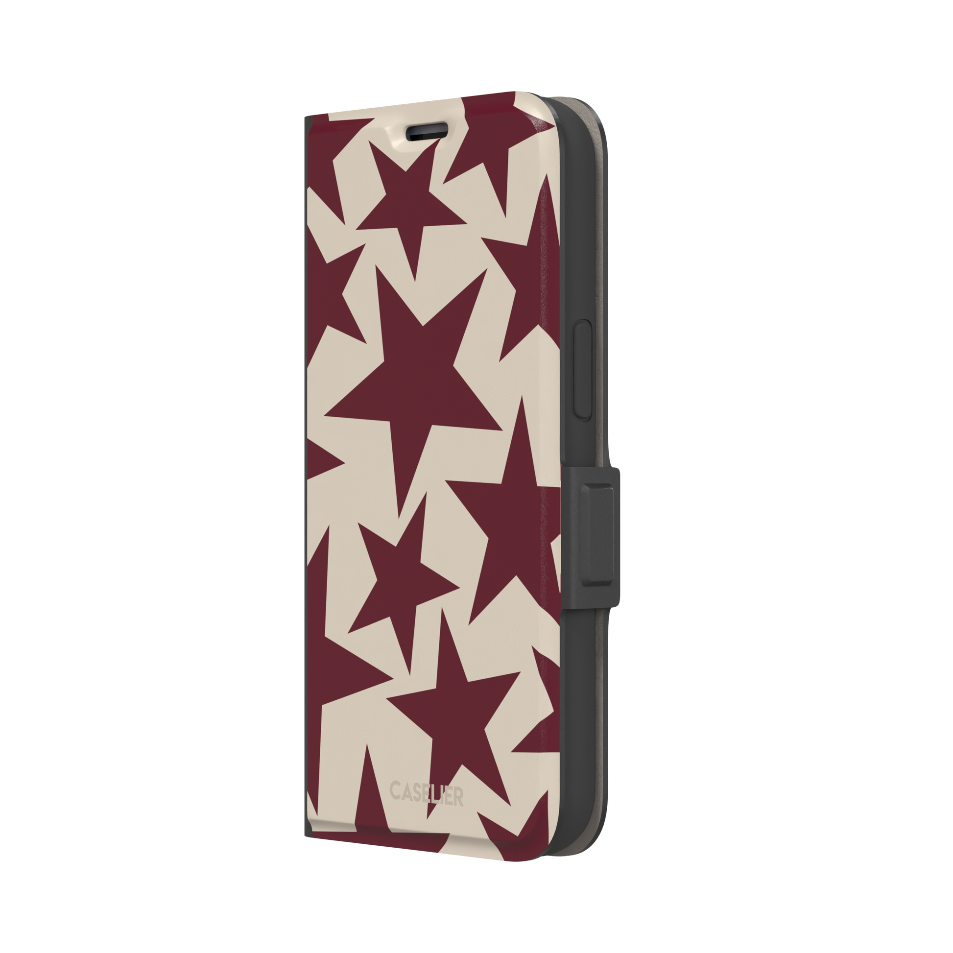 Stars phone case in deep crimson and warm cream with oversized scattered star pattern, phone case by Caselier — wallet case, right view