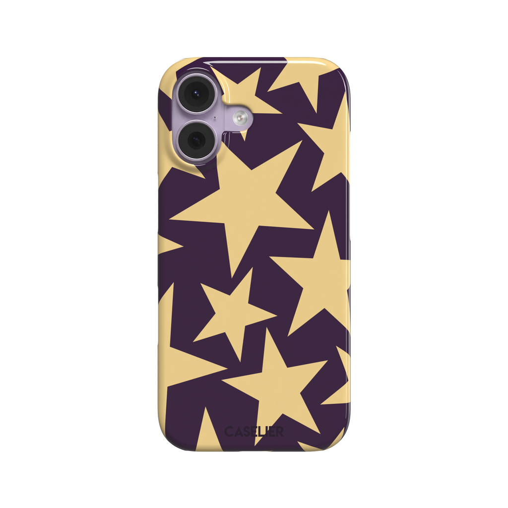 Stars phone case variant in dark purple and soft gold with large tumbling star print, phone case by Caselier — snap case, front view