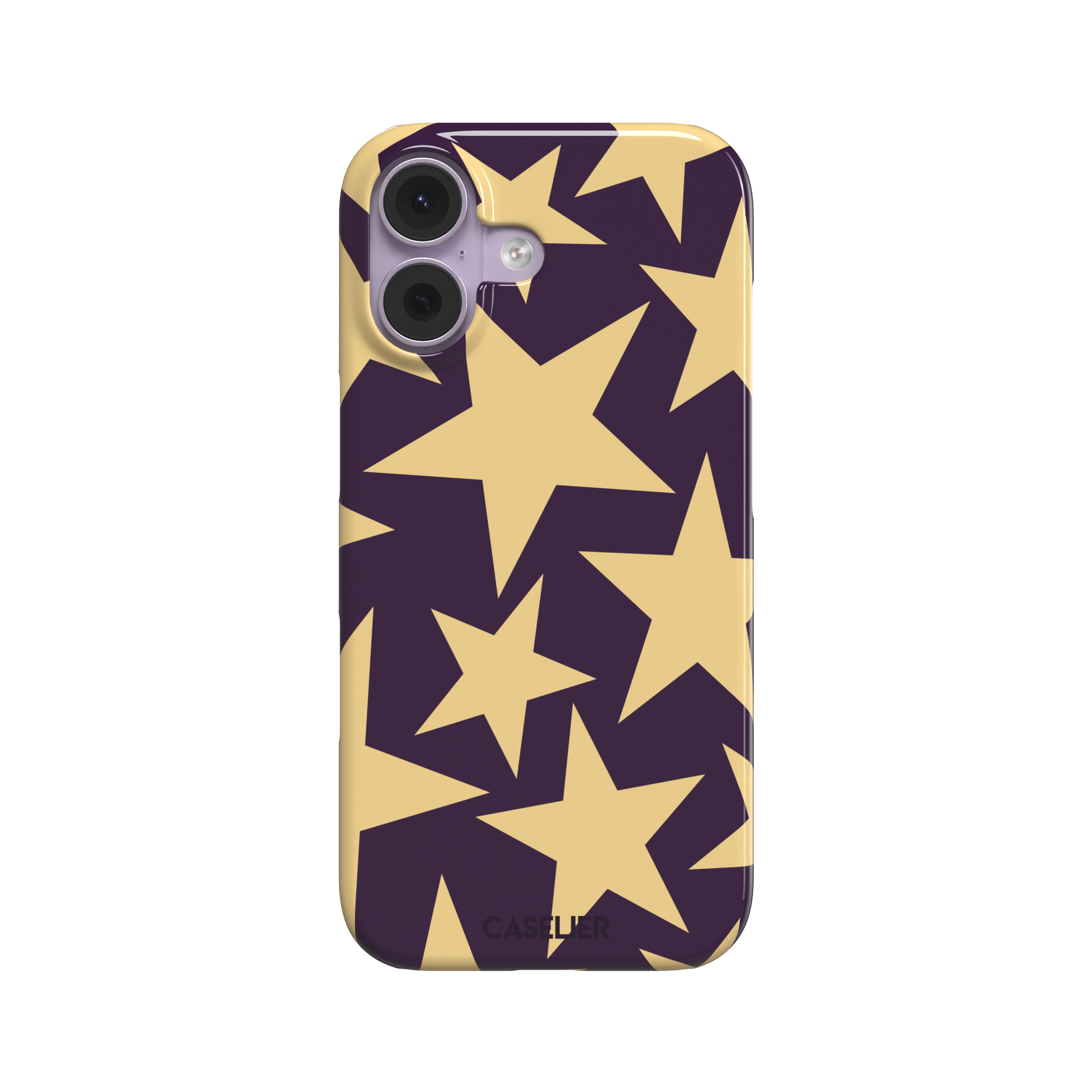 Stars phone case variant in dark purple and soft gold with large tumbling star print, phone case by Caselier — snap case, front view