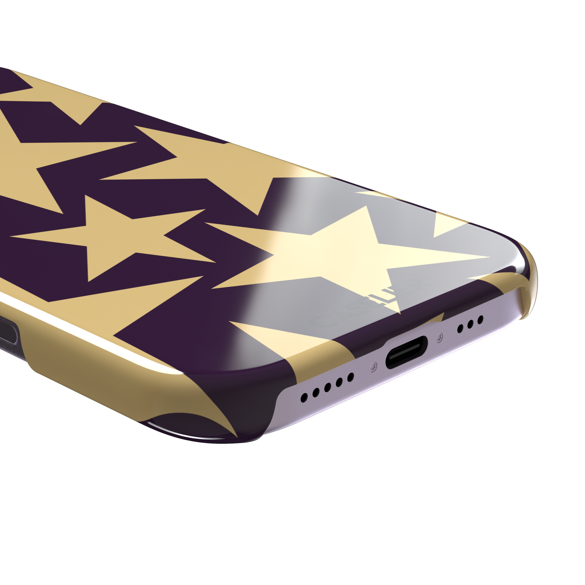 Stars phone case variant in dark purple and soft gold with large tumbling star print, phone case by Caselier — snap case, charging port detail