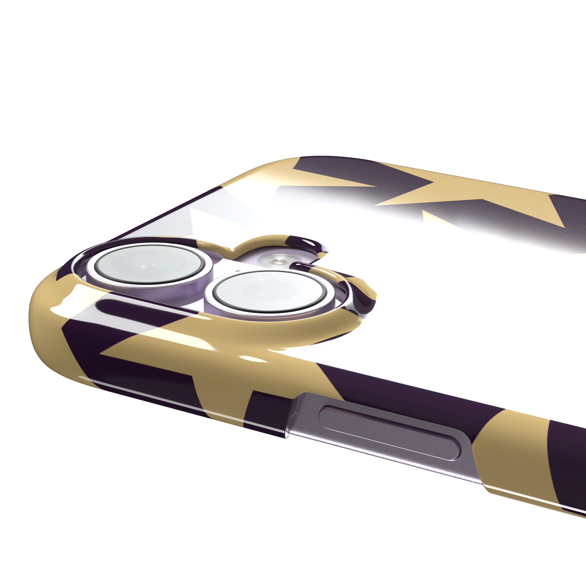 Stars phone case variant in dark purple and soft gold with large tumbling star print, phone case by Caselier — snap case, volume buttons detail