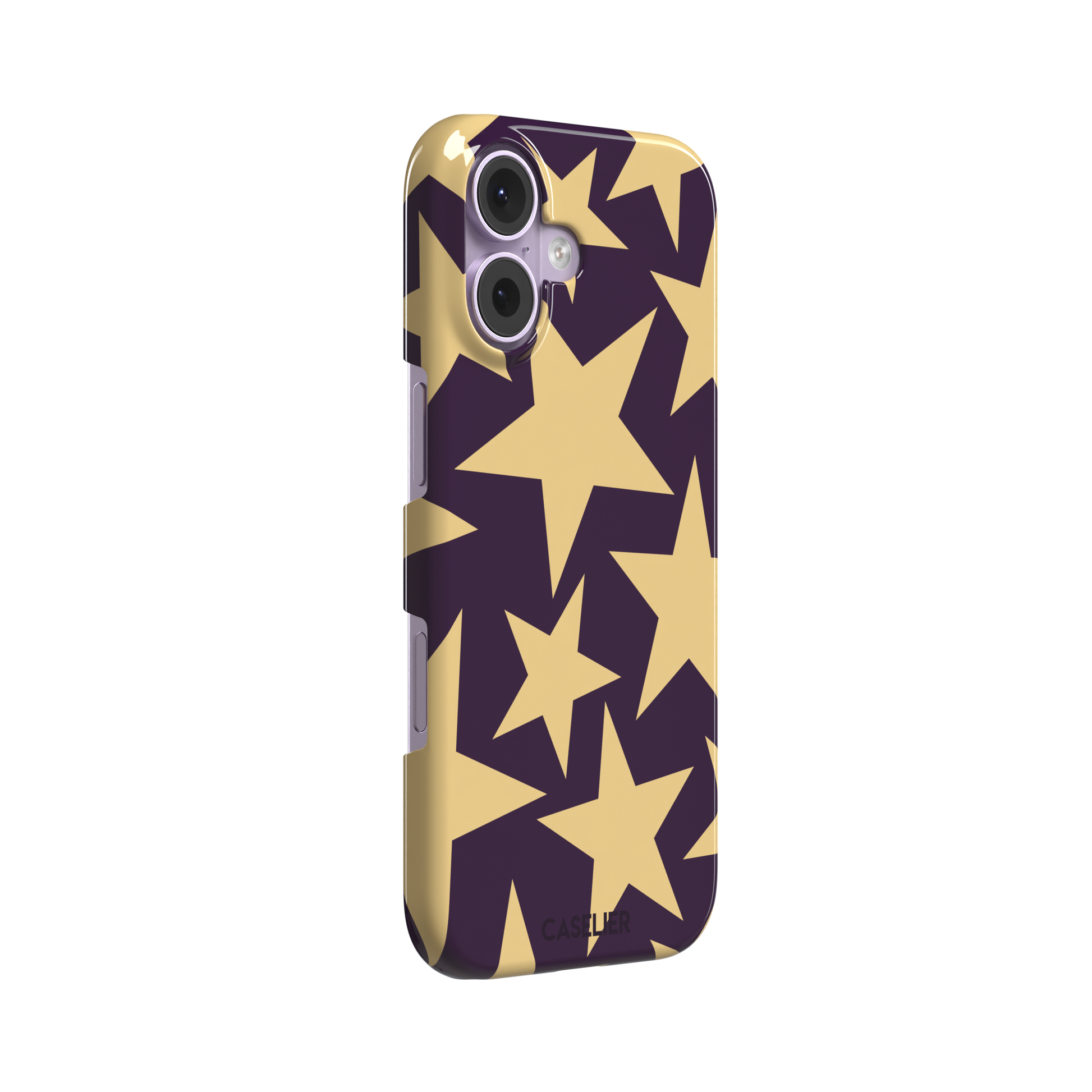 Stars phone case variant in dark purple and soft gold with large tumbling star print, phone case by Caselier — snap case, left view