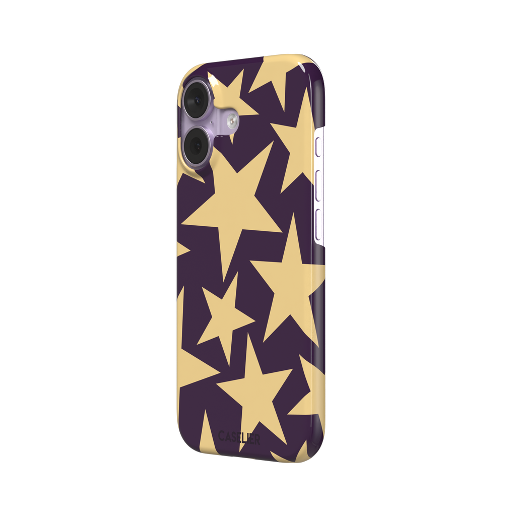 Stars phone case variant in dark purple and soft gold with large tumbling star print, phone case by Caselier — snap case, right view