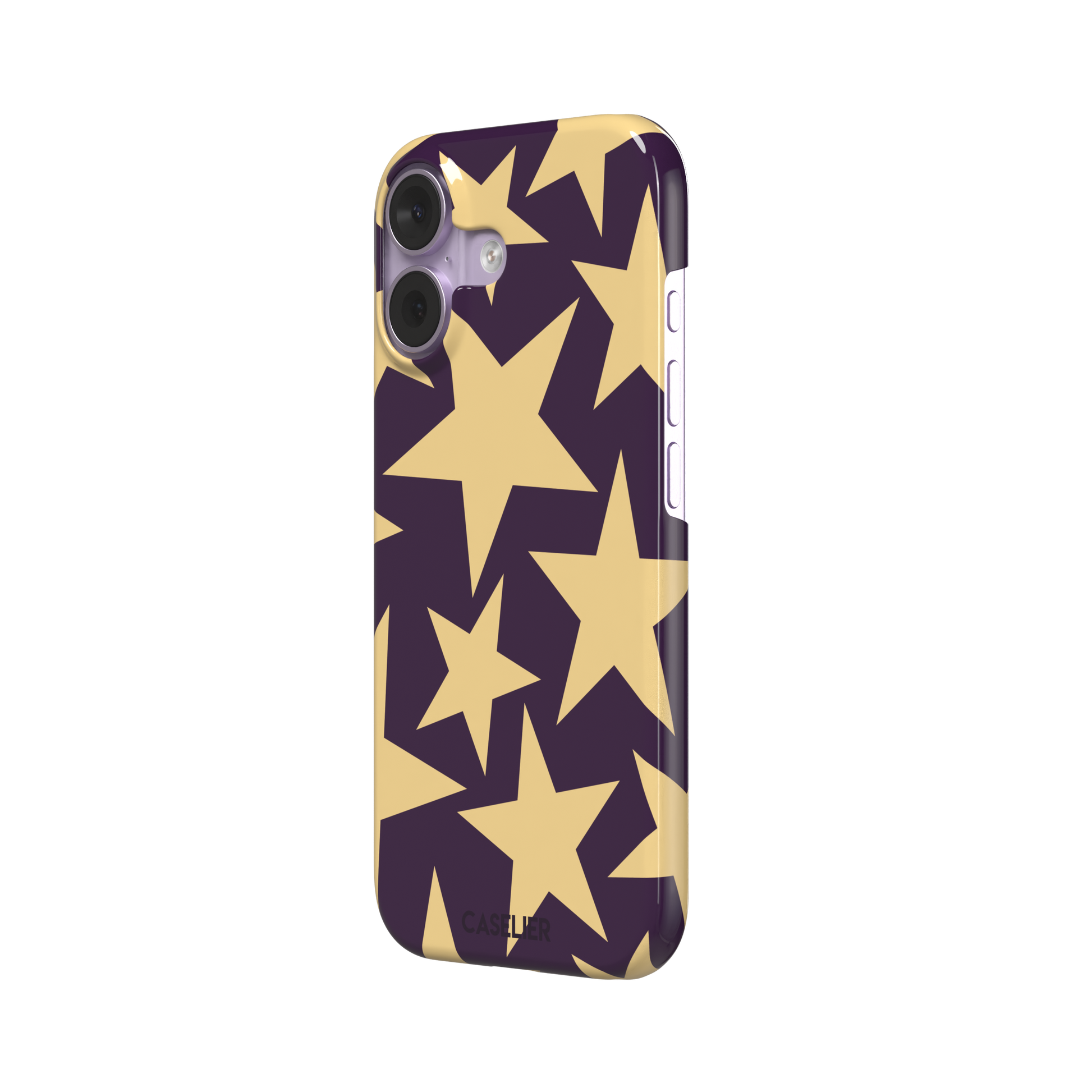 Stars phone case variant in dark purple and soft gold with large tumbling star print, phone case by Caselier — snap case, right view