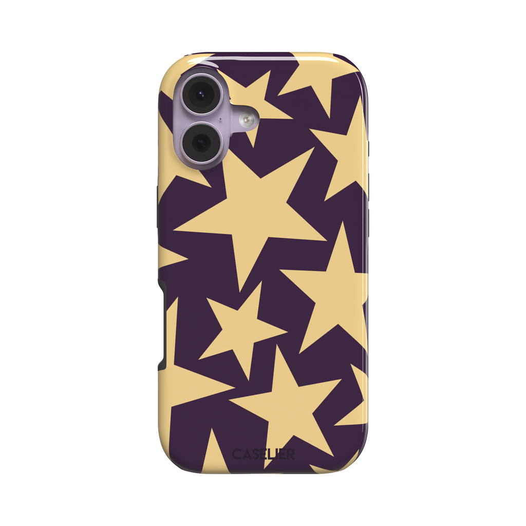 Stars phone case variant in dark purple and soft gold with large tumbling star print, phone case by Caselier — tough case, front view