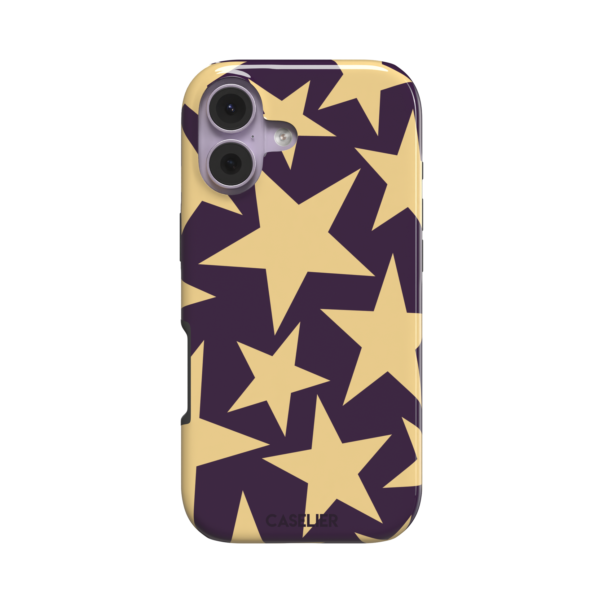 Stars phone case variant in dark purple and soft gold with large tumbling star print, phone case by Caselier — tough case, front view