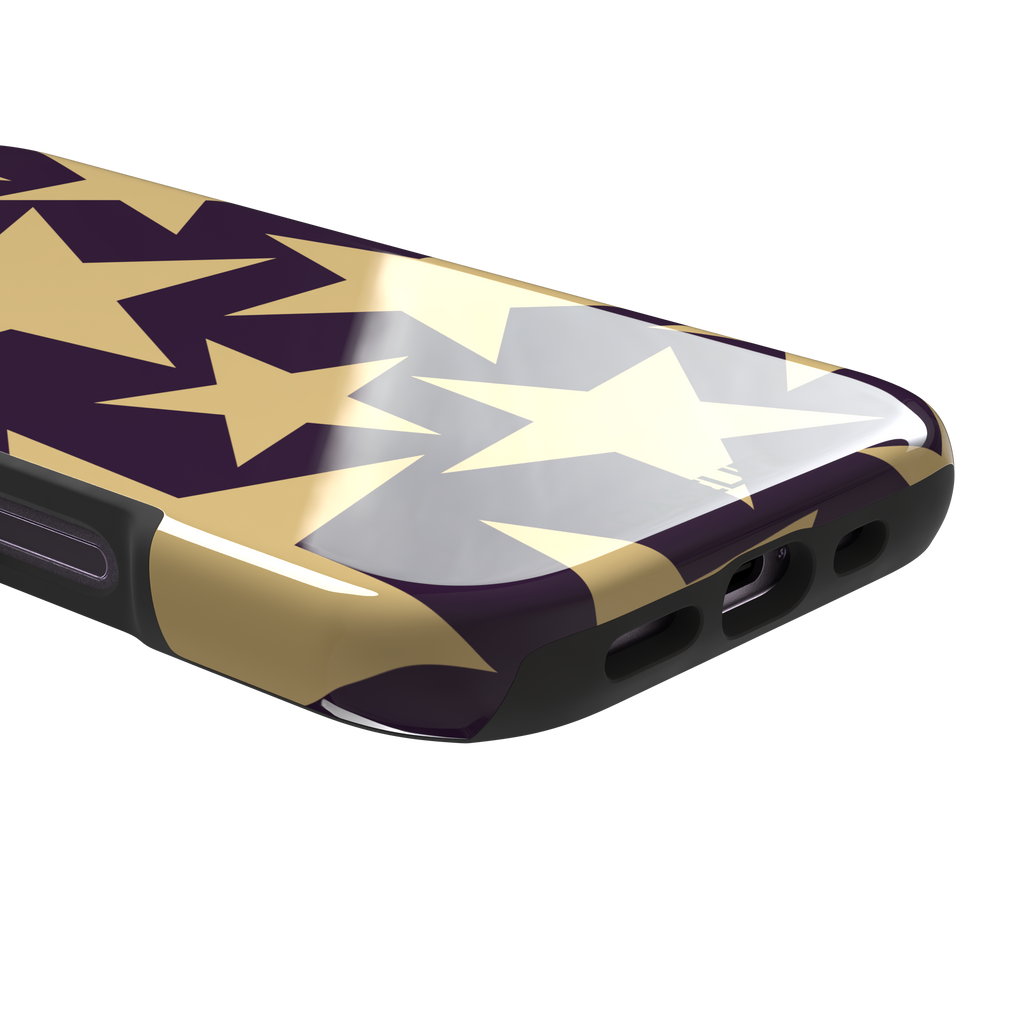 Stars phone case variant in dark purple and soft gold with large tumbling star print, phone case by Caselier — tough case, charging port detail