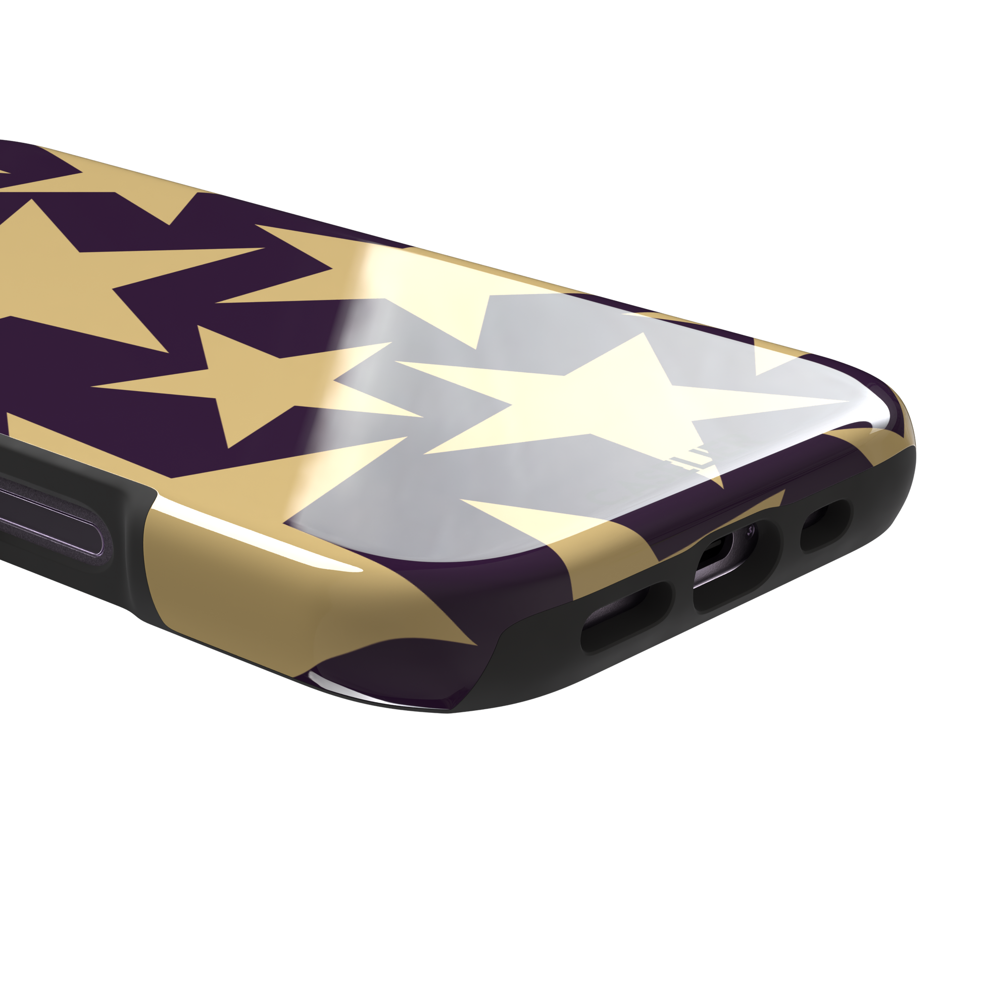 Stars phone case variant in dark purple and soft gold with large tumbling star print, phone case by Caselier — tough case, charging port detail