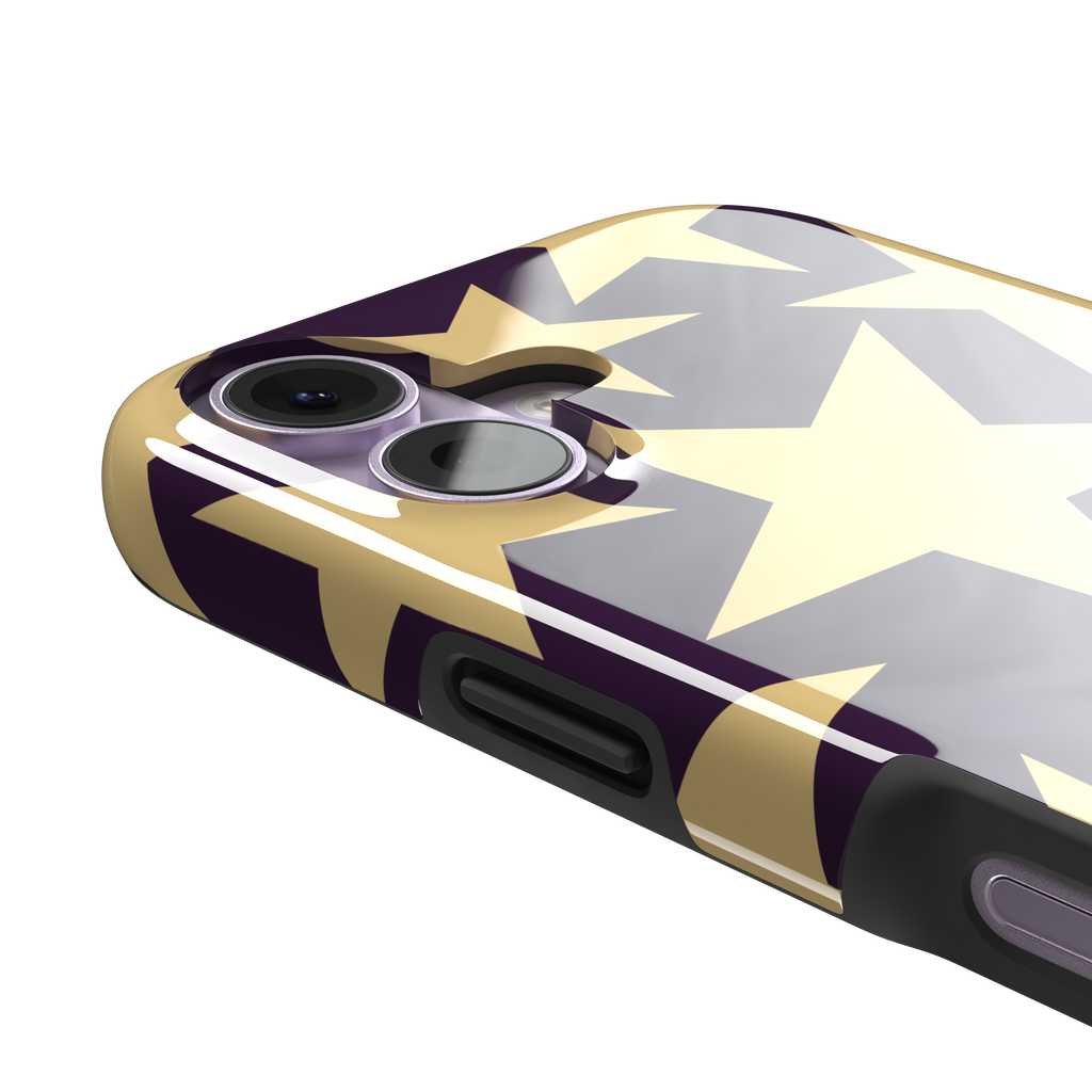 Stars phone case variant in dark purple and soft gold with large tumbling star print, phone case by Caselier — tough case, volume buttons detail