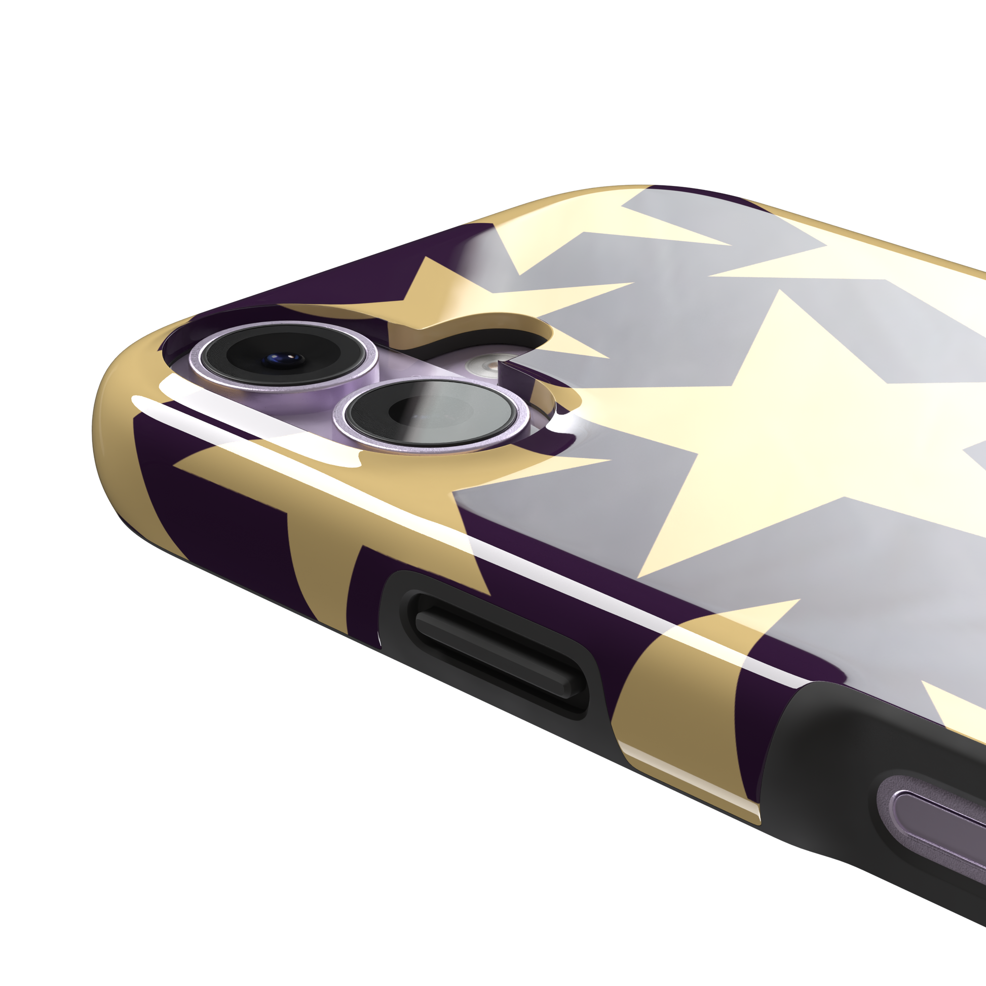 Stars phone case variant in dark purple and soft gold with large tumbling star print, phone case by Caselier — tough case, volume buttons detail