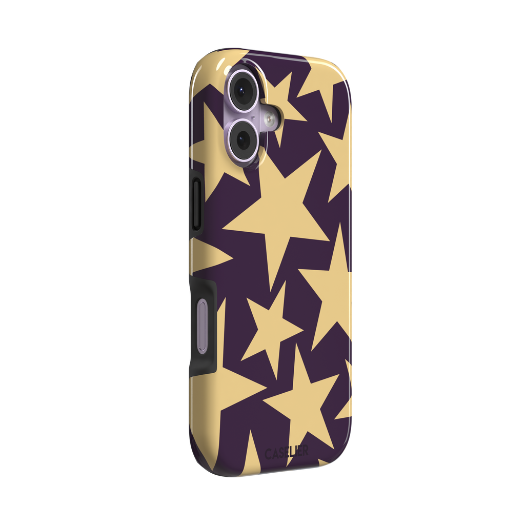 Stars phone case variant in dark purple and soft gold with large tumbling star print, phone case by Caselier — tough case, left view