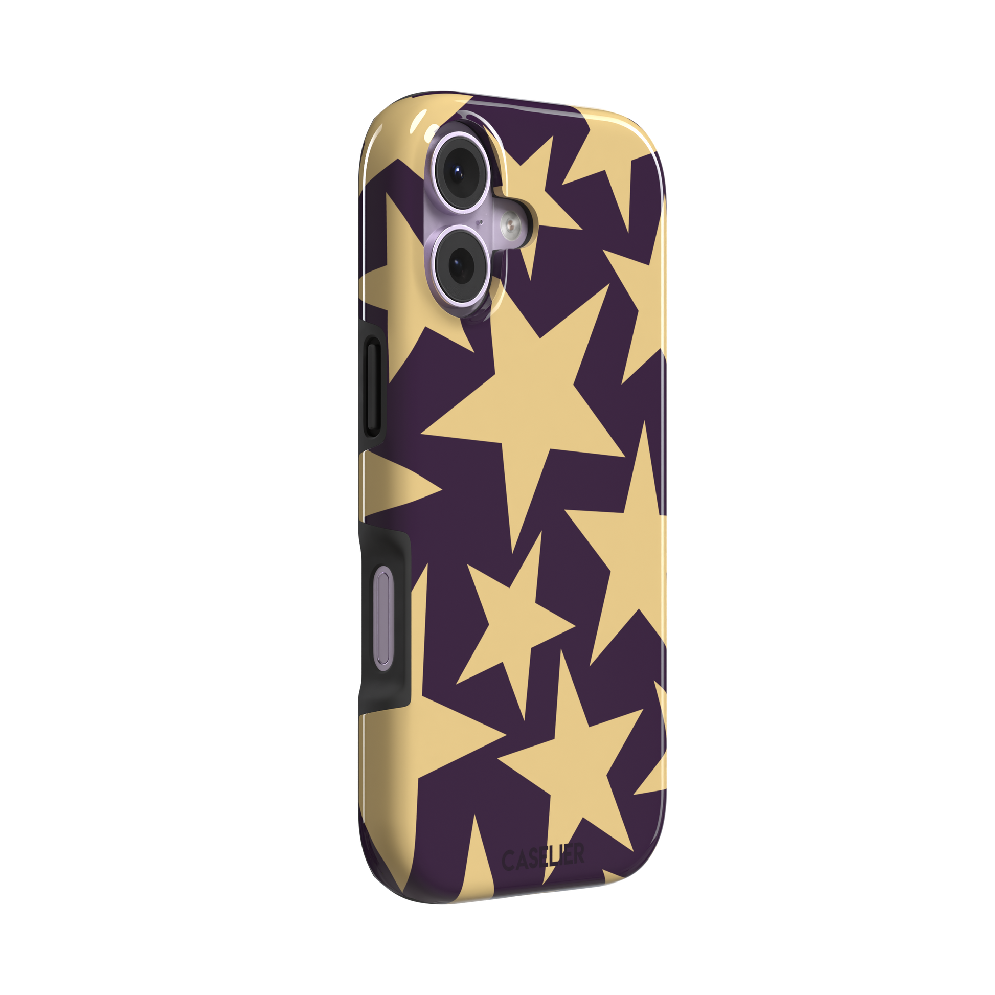 Stars phone case variant in dark purple and soft gold with large tumbling star print, phone case by Caselier — tough case, left view