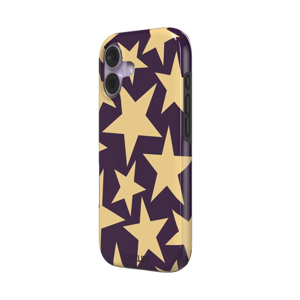 Stars phone case variant in dark purple and soft gold with large tumbling star print, phone case by Caselier — tough case, right view