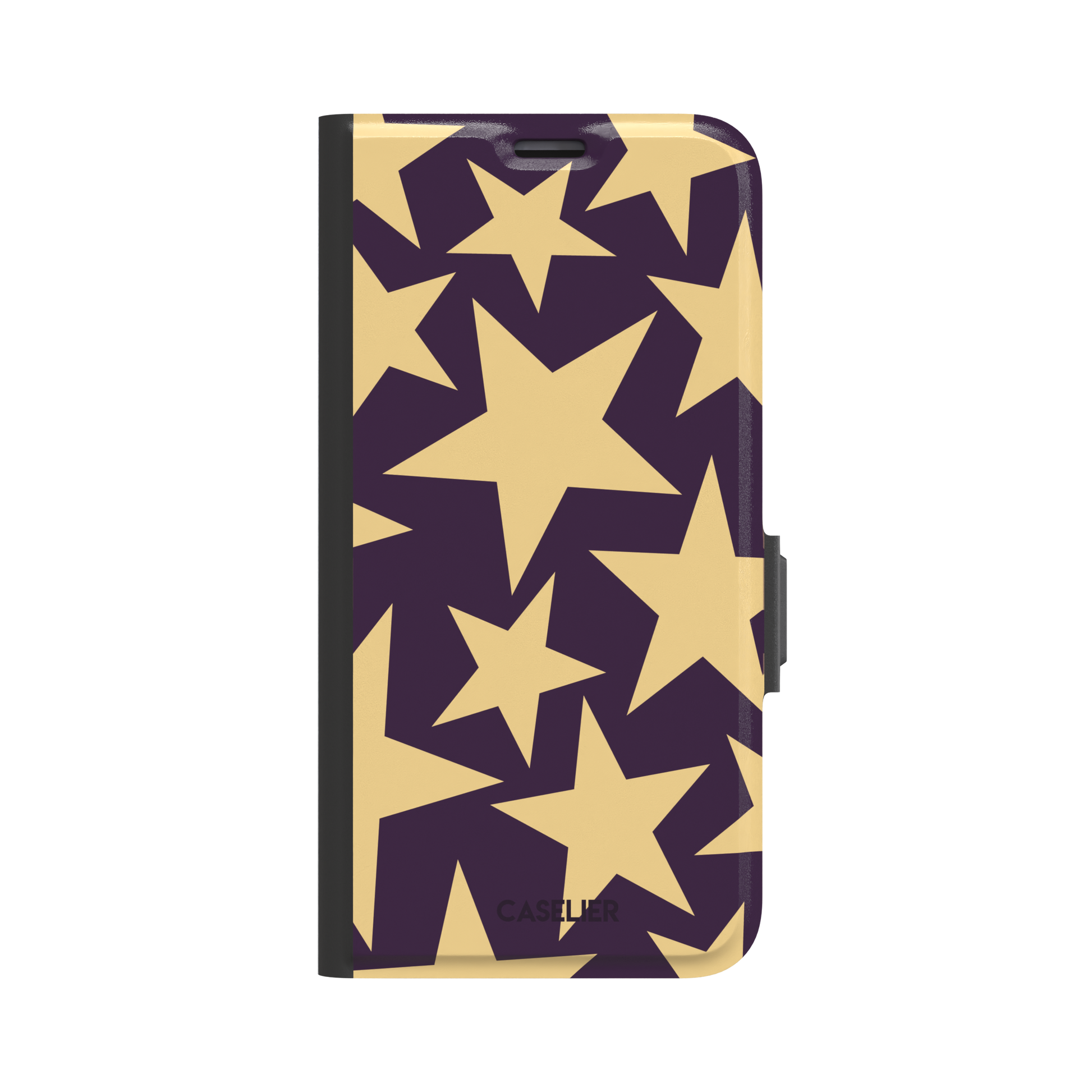 Stars phone case variant in dark purple and soft gold with large tumbling star print, phone case by Caselier — wallet case, front view