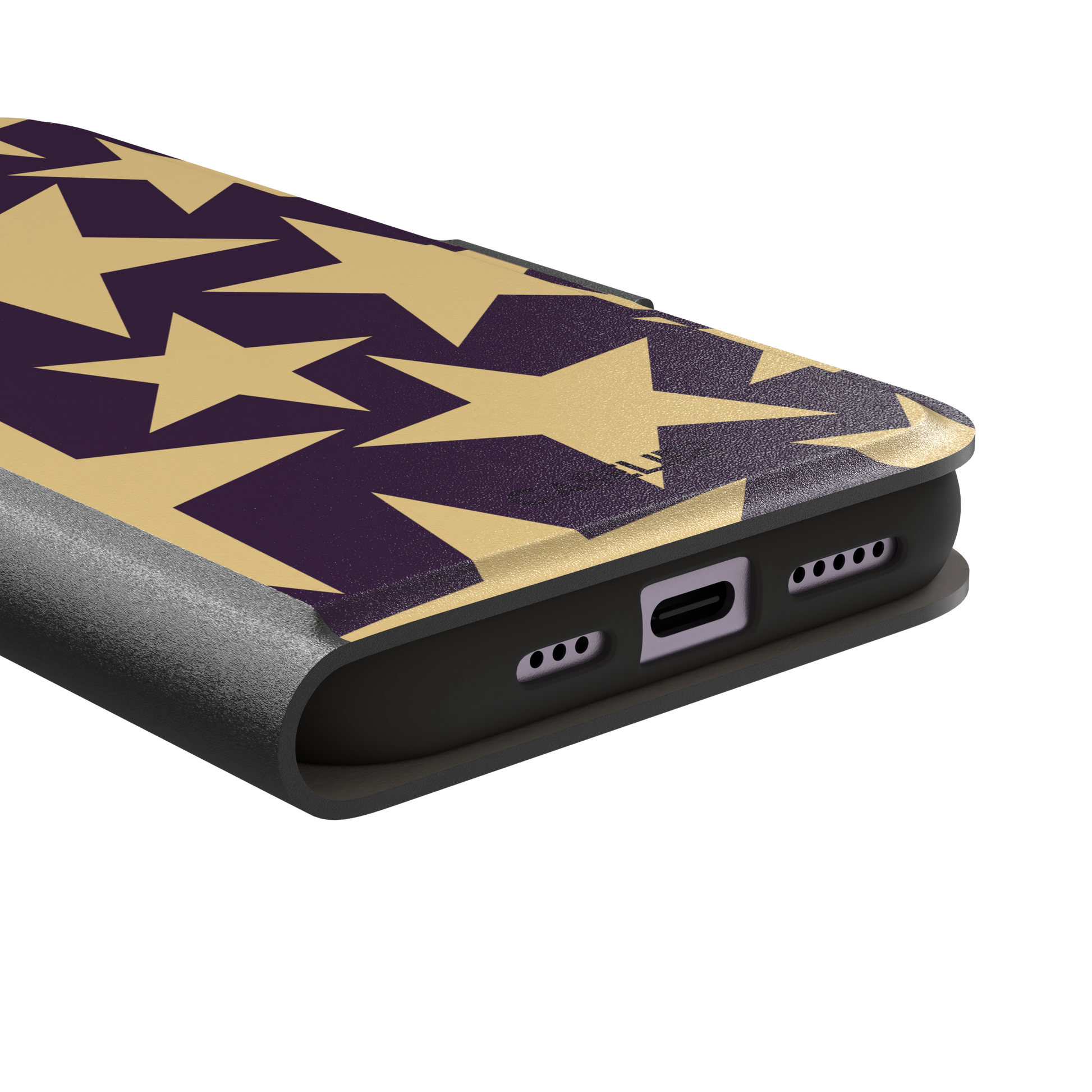 Stars phone case variant in dark purple and soft gold with large tumbling star print, phone case by Caselier — wallet case, charging port detail