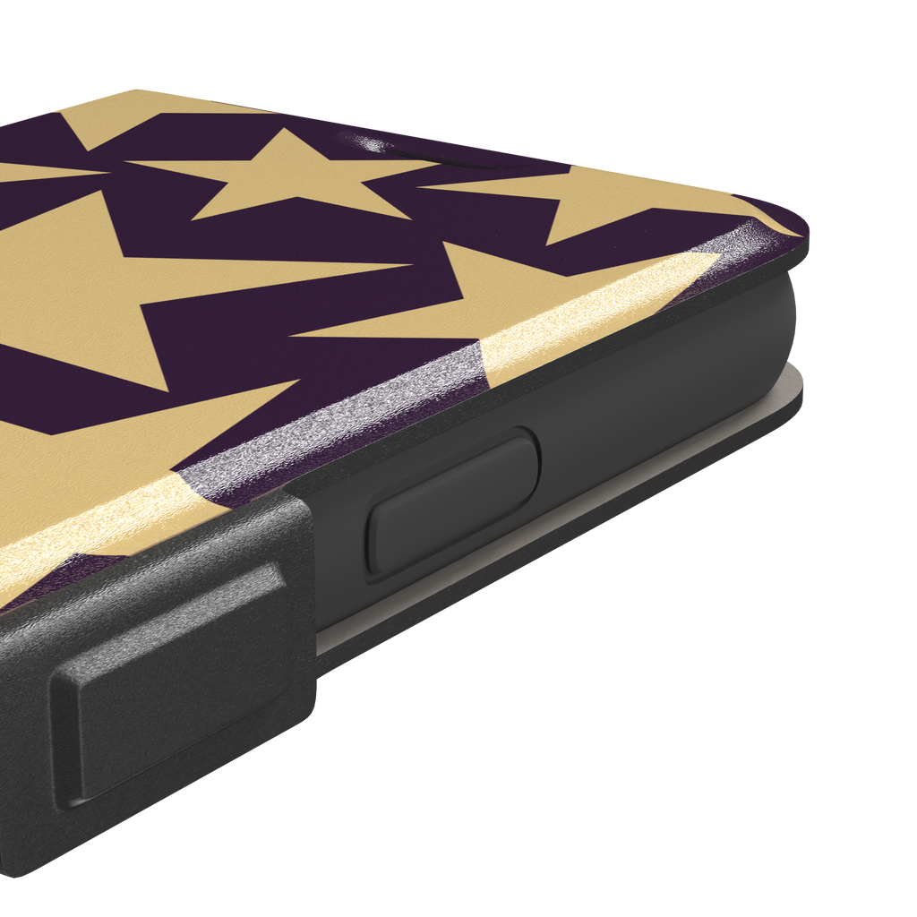 Stars phone case variant in dark purple and soft gold with large tumbling star print, phone case by Caselier — wallet case, volume buttons detail