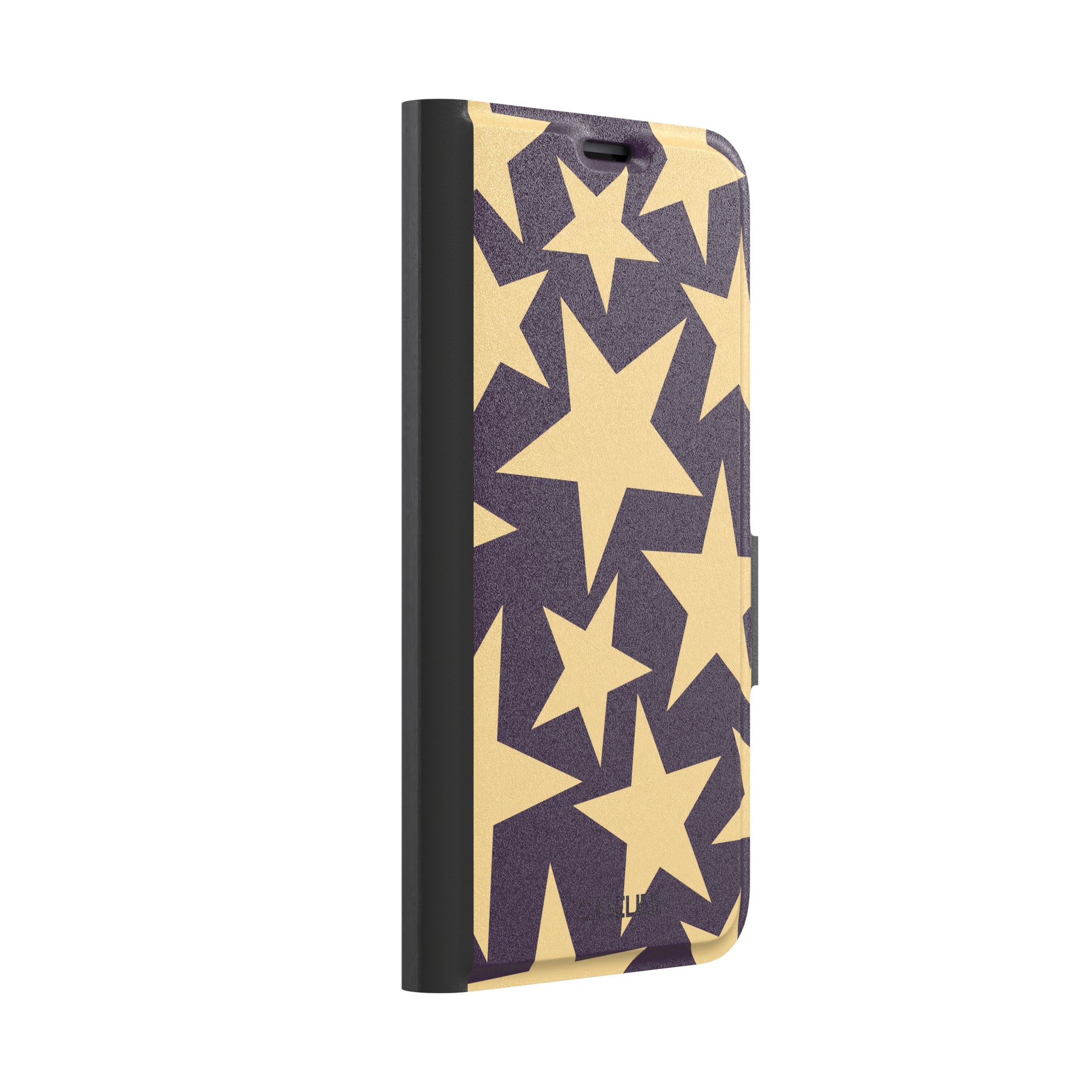 Stars phone case variant in dark purple and soft gold with large tumbling star print, phone case by Caselier — wallet case, left view
