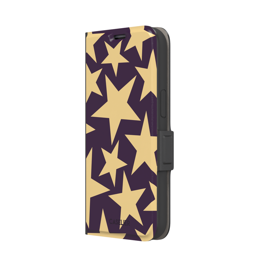 Stars phone case variant in dark purple and soft gold with large tumbling star print, phone case by Caselier — wallet case, right view