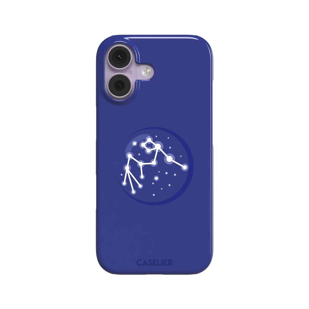 Starsigns phone case showing the Scorpio constellation as a glowing white star map inside a blue orb on a cobalt blue case, phone case by Caselier — snap case, front view