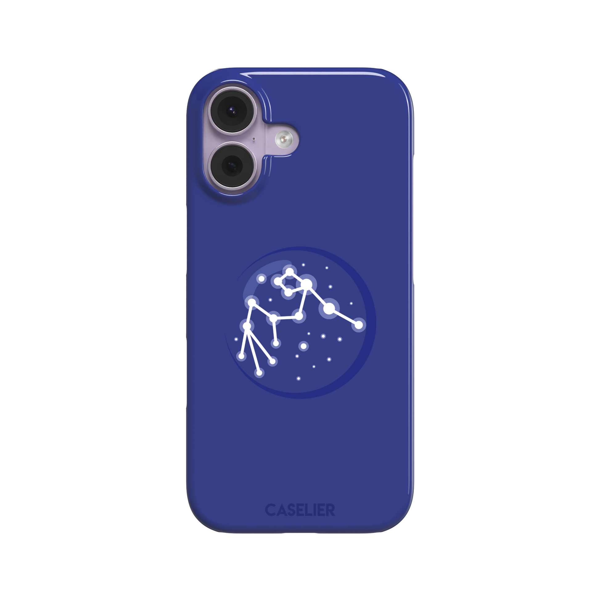 Starsigns phone case showing the Scorpio constellation as a glowing white star map inside a blue orb on a cobalt blue case, phone case by Caselier — snap case, front view