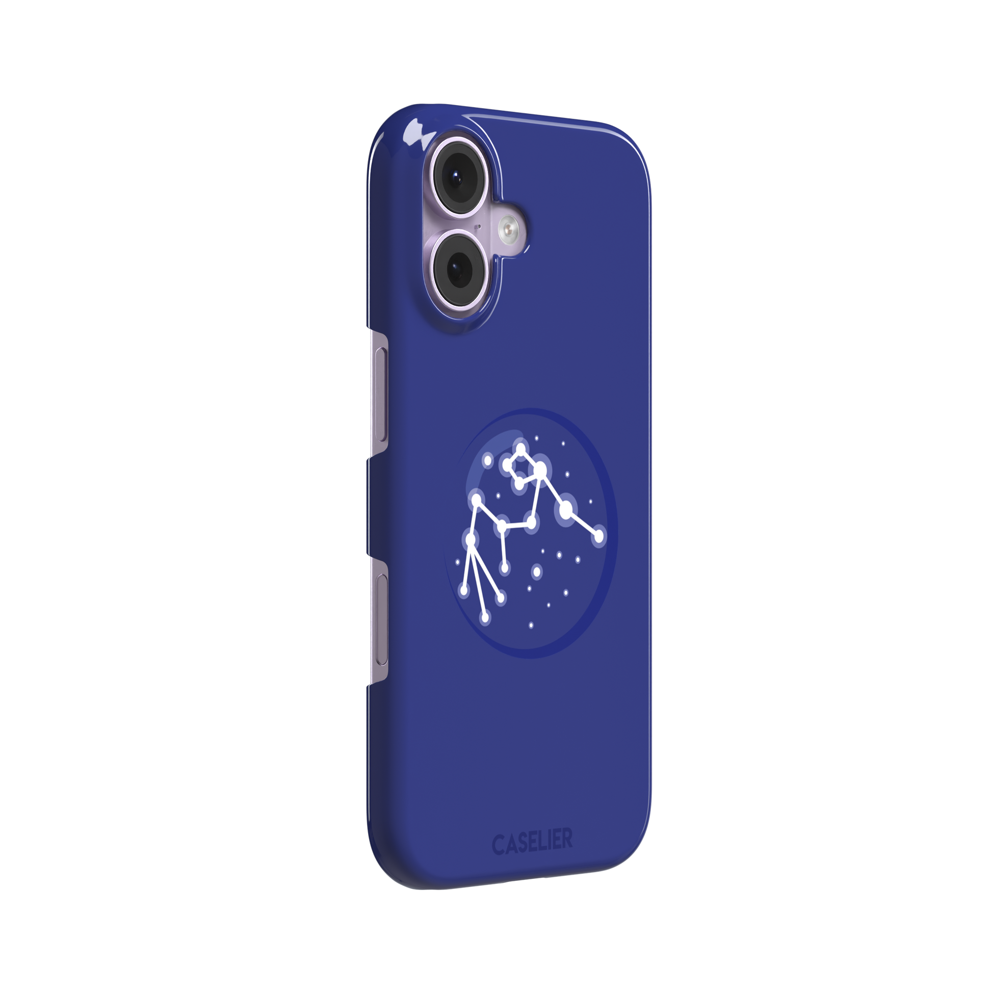 Starsigns phone case showing the Scorpio constellation as a glowing white star map inside a blue orb on a cobalt blue case, phone case by Caselier — snap case, left view