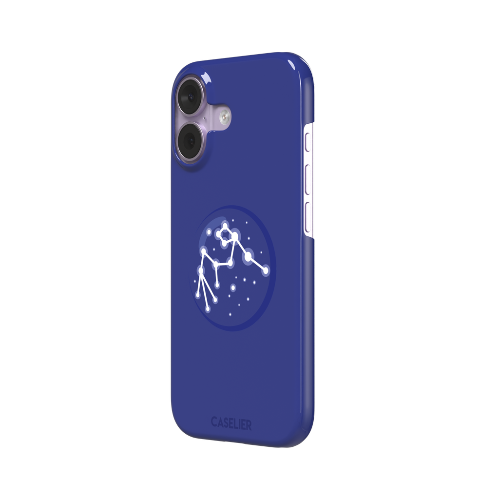 Starsigns phone case showing the Scorpio constellation as a glowing white star map inside a blue orb on a cobalt blue case, phone case by Caselier — snap case, right view