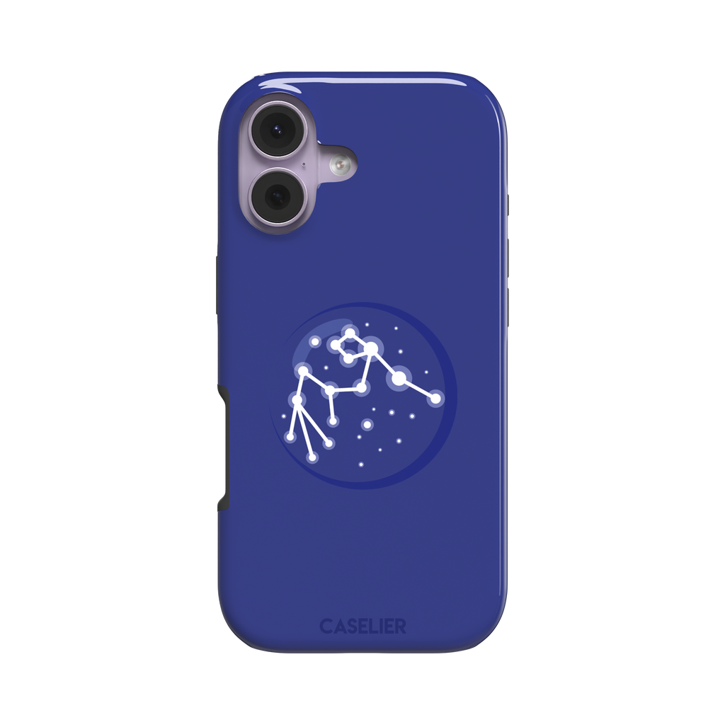 Starsigns phone case showing the Scorpio constellation as a glowing white star map inside a blue orb on a cobalt blue case, phone case by Caselier — tough case, front view