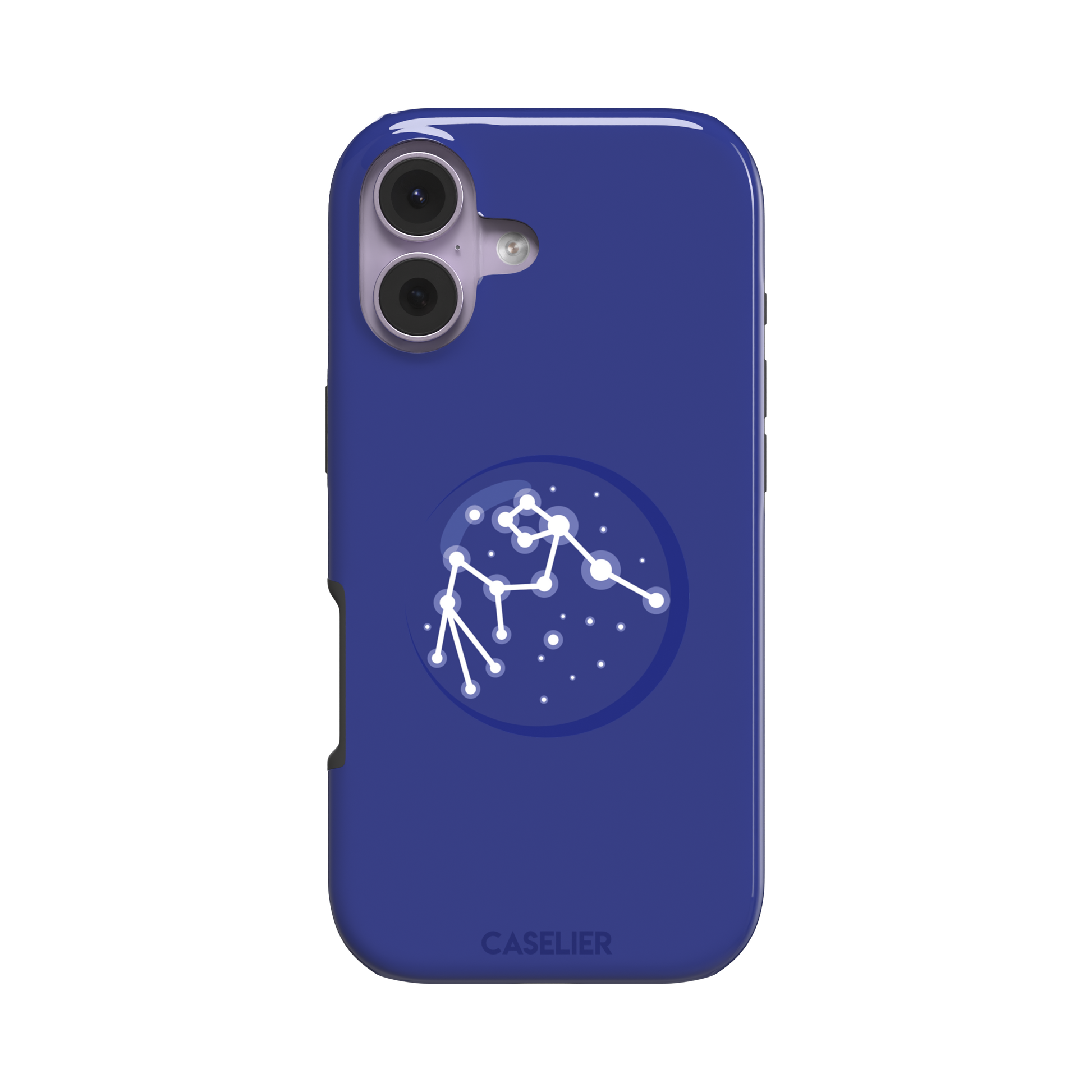 Starsigns phone case showing the Scorpio constellation as a glowing white star map inside a blue orb on a cobalt blue case, phone case by Caselier — tough case, front view