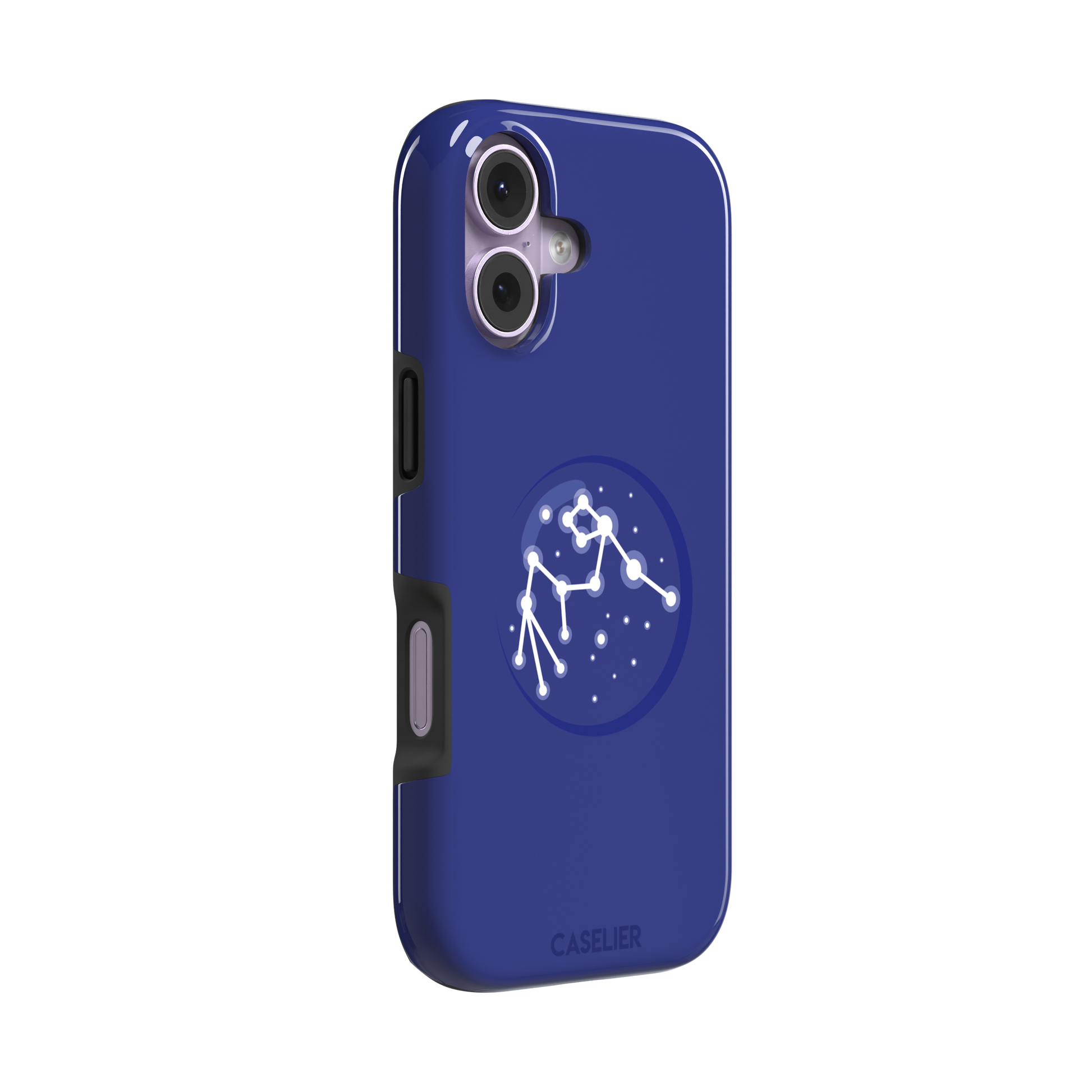 Starsigns phone case showing the Scorpio constellation as a glowing white star map inside a blue orb on a cobalt blue case, phone case by Caselier — tough case, left view