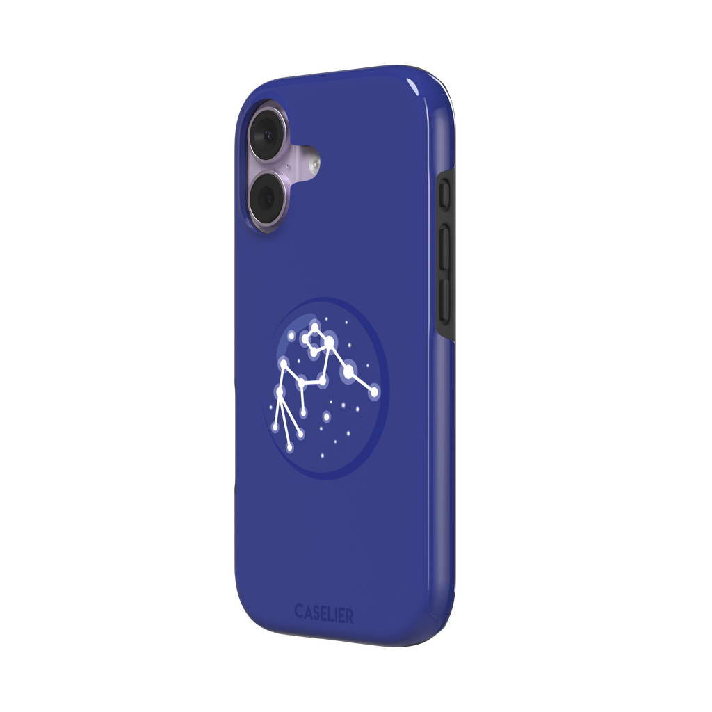 Starsigns phone case showing the Scorpio constellation as a glowing white star map inside a blue orb on a cobalt blue case, phone case by Caselier — tough case, right view