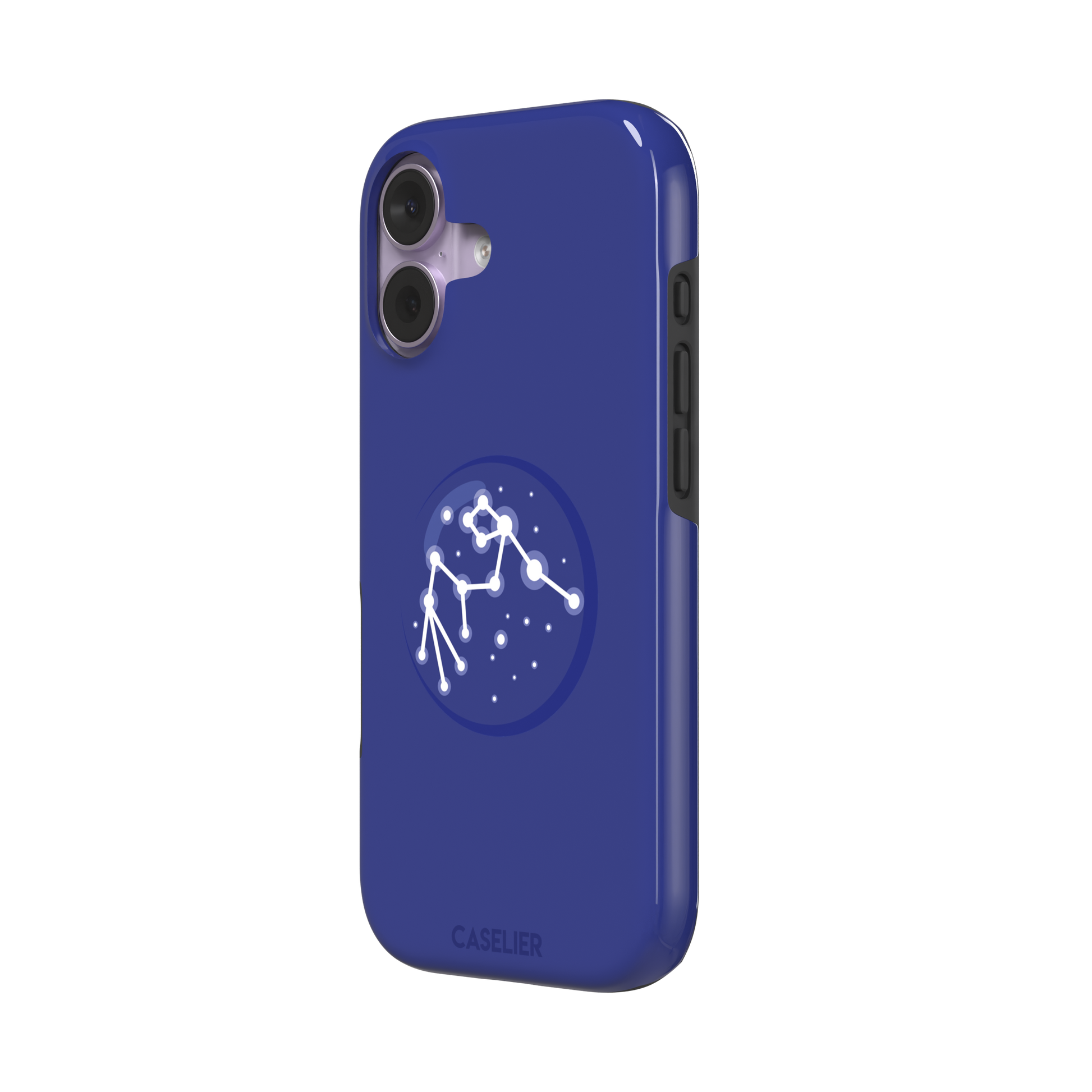 Starsigns phone case showing the Scorpio constellation as a glowing white star map inside a blue orb on a cobalt blue case, phone case by Caselier — tough case, right view