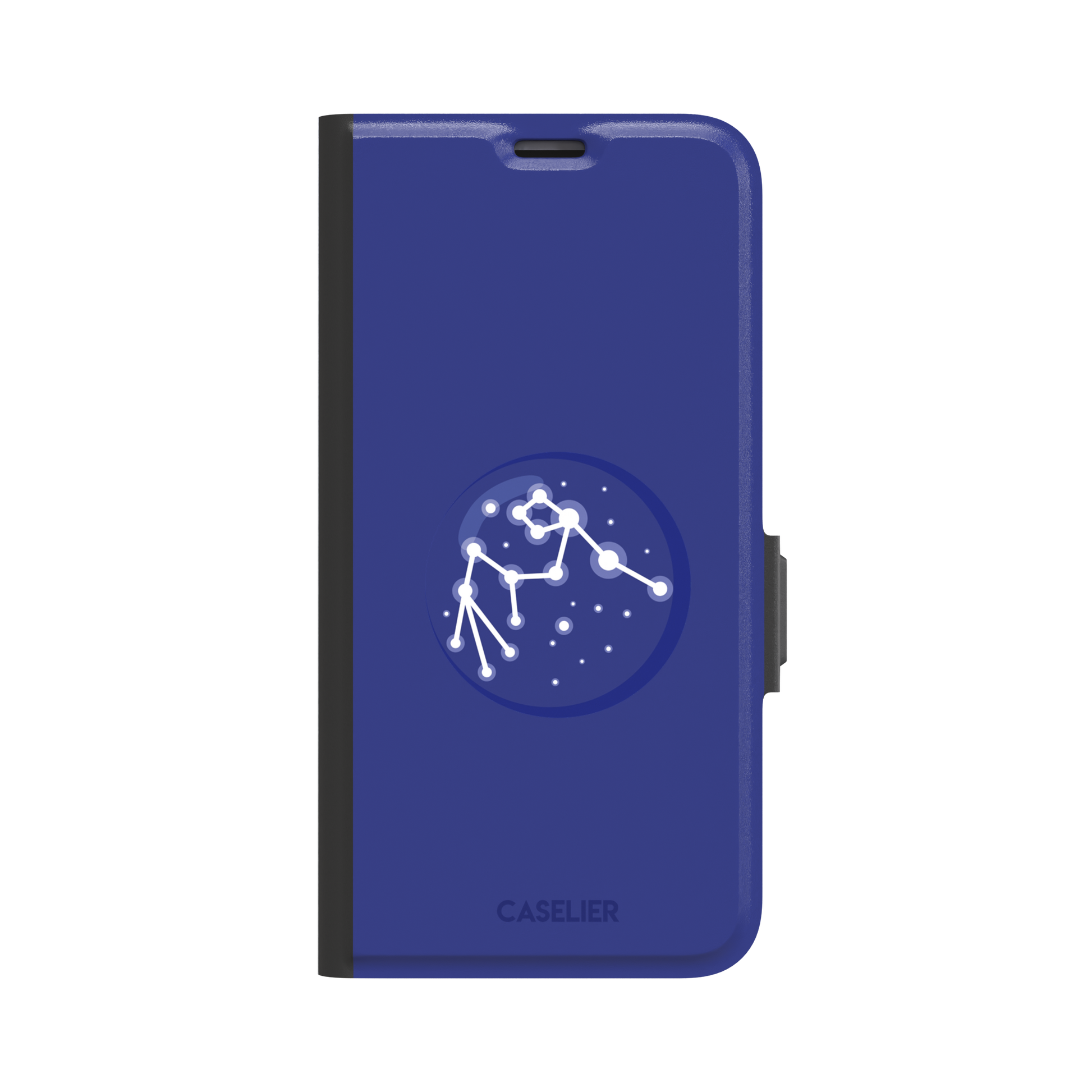 Starsigns phone case showing the Scorpio constellation as a glowing white star map inside a blue orb on a cobalt blue case, phone case by Caselier — wallet case, front view