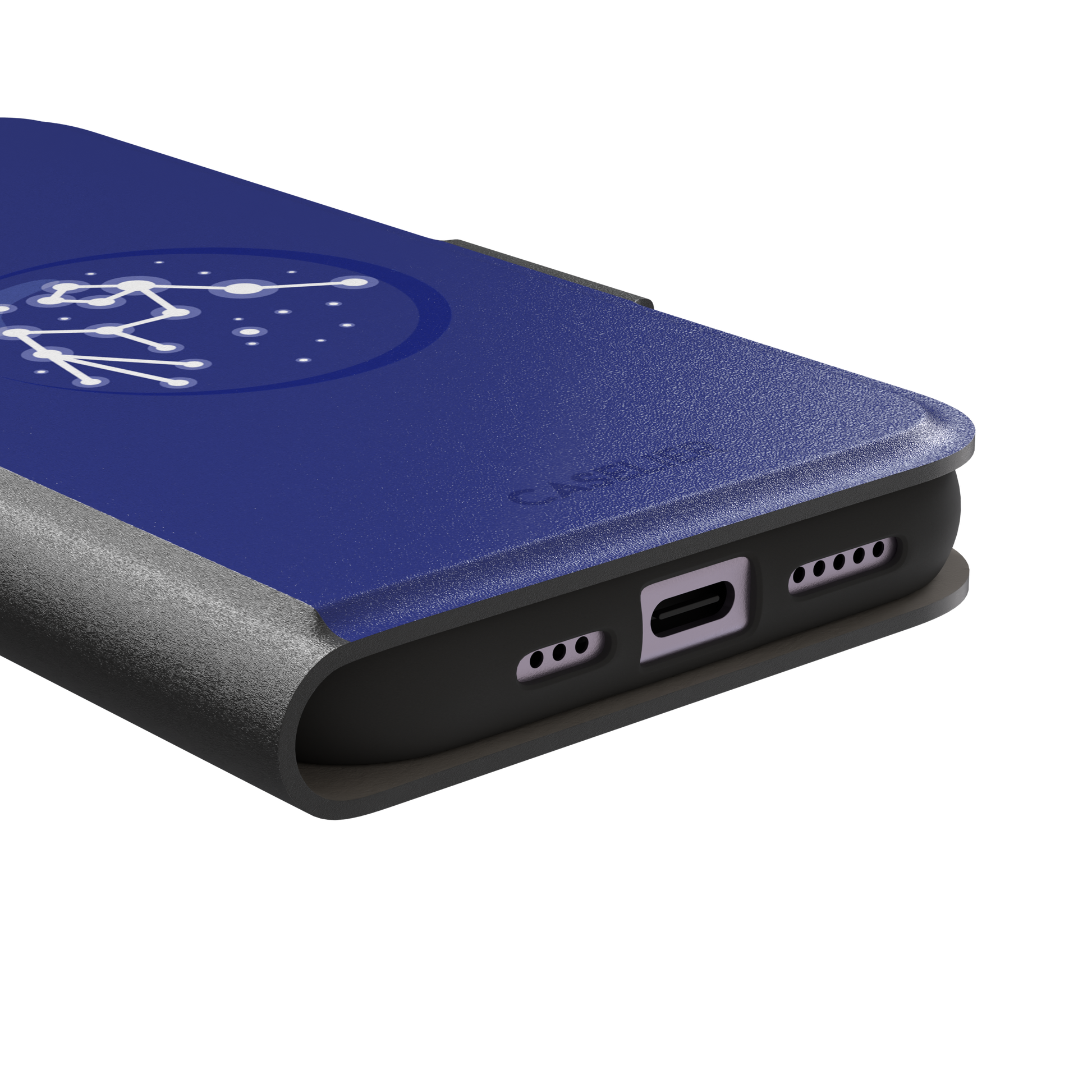 Starsigns phone case showing the Scorpio constellation as a glowing white star map inside a blue orb on a cobalt blue case, phone case by Caselier — wallet case, charging port detail