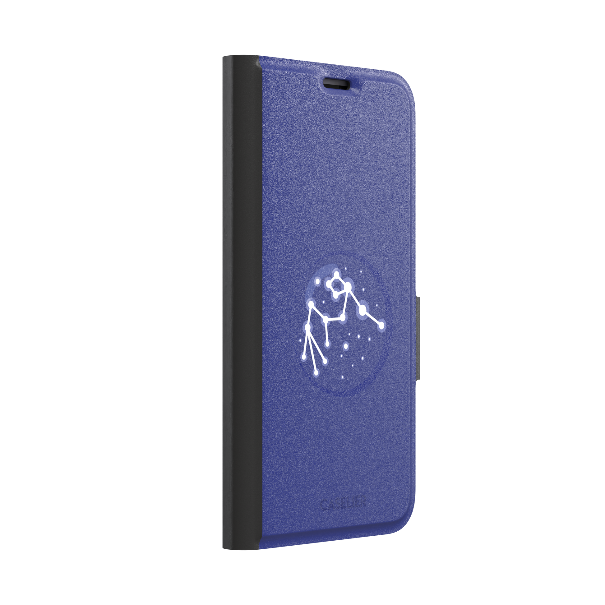 Starsigns phone case showing the Scorpio constellation as a glowing white star map inside a blue orb on a cobalt blue case, phone case by Caselier — wallet case, left view