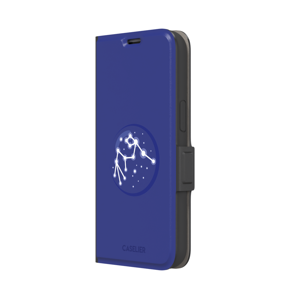 Starsigns phone case showing the Scorpio constellation as a glowing white star map inside a blue orb on a cobalt blue case, phone case by Caselier — wallet case, right view