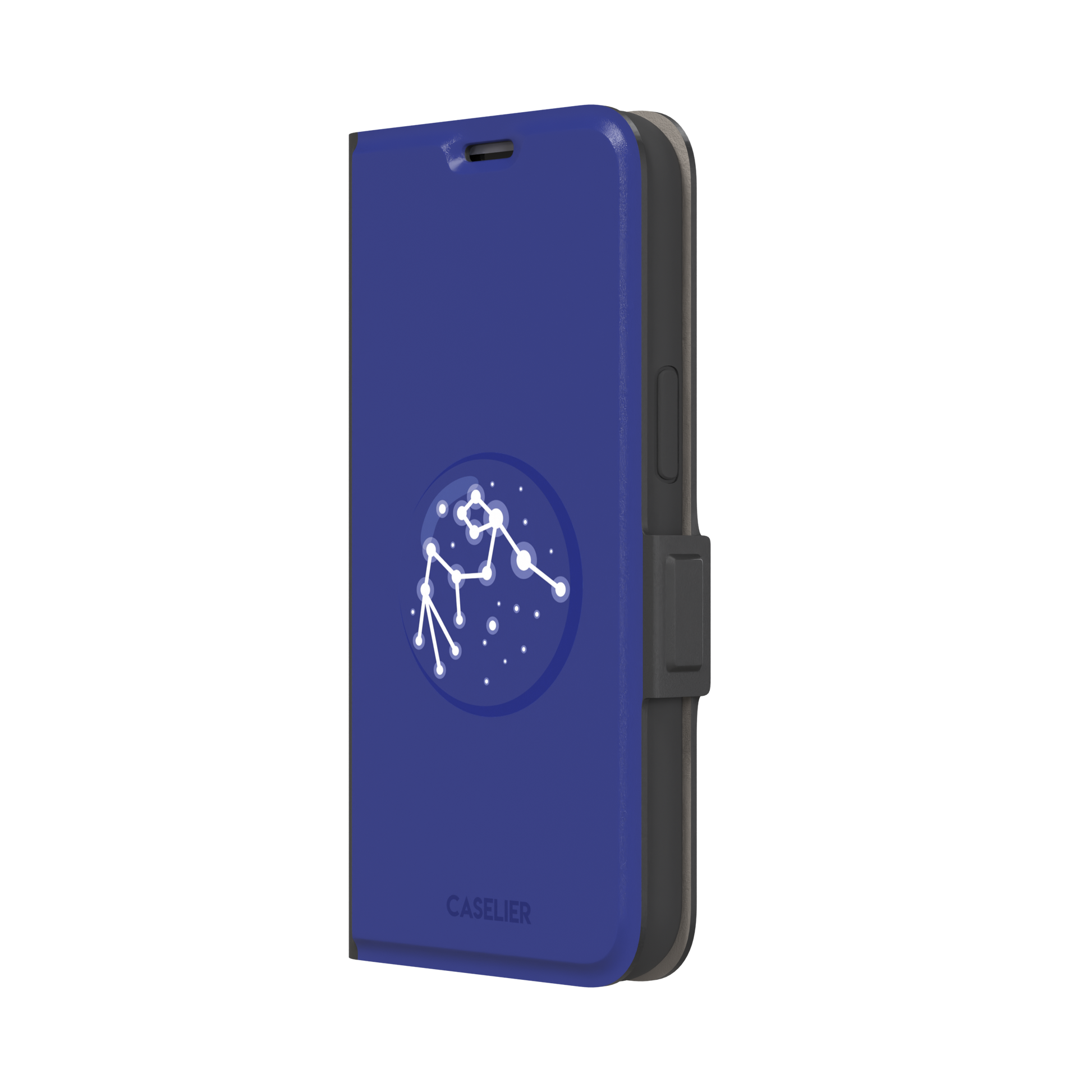 Starsigns phone case showing the Scorpio constellation as a glowing white star map inside a blue orb on a cobalt blue case, phone case by Caselier — wallet case, right view