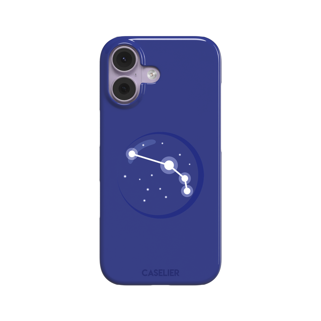 Starsigns phone case showing the Aries constellation as a simple glowing white line and dots inside a blue orb on a cobalt blue case, phone case by Caselier — snap case, front view
