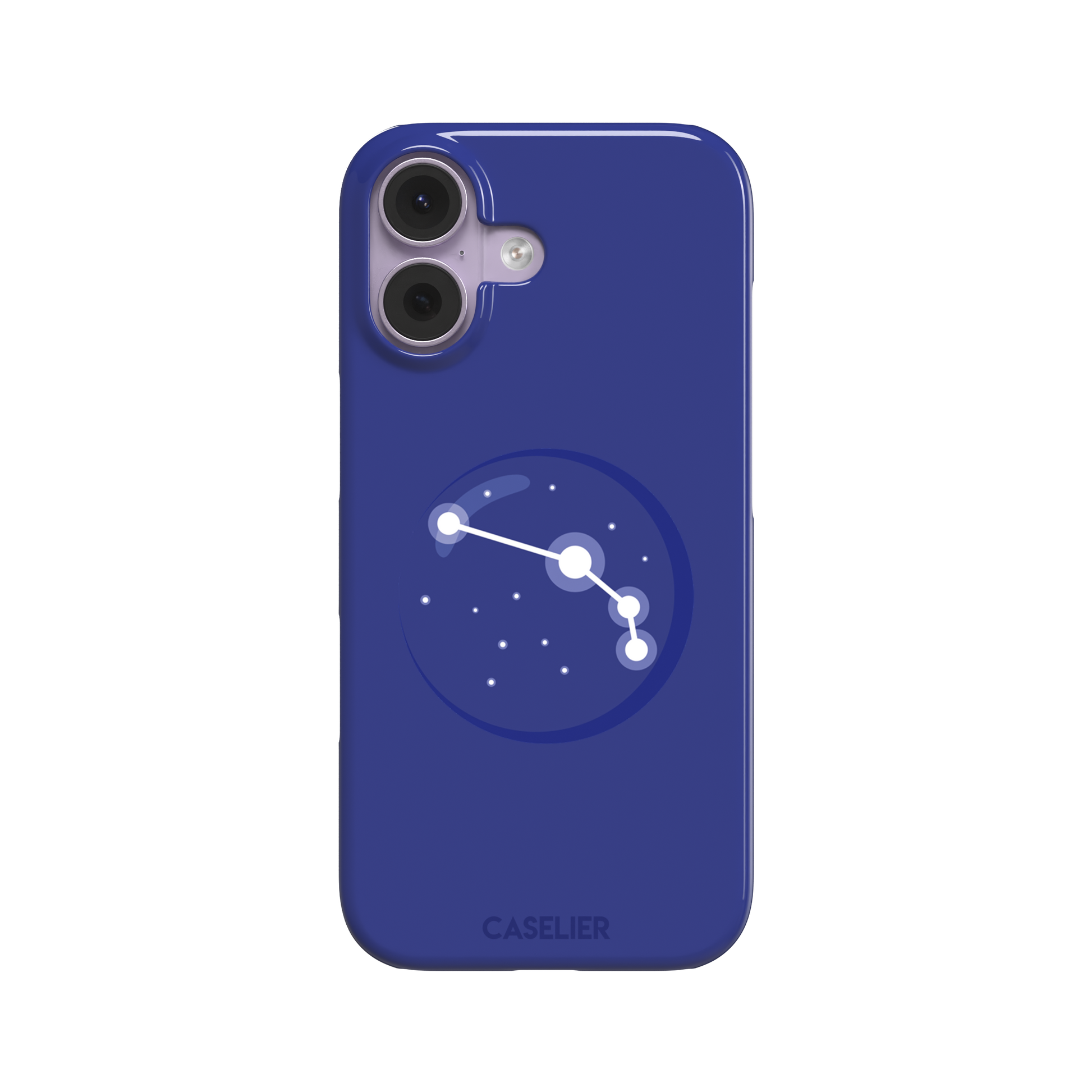 Starsigns phone case showing the Aries constellation as a simple glowing white line and dots inside a blue orb on a cobalt blue case, phone case by Caselier — snap case, front view