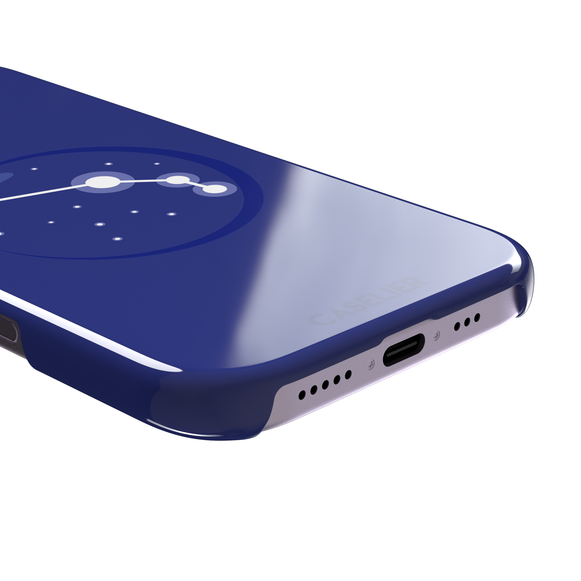 Starsigns phone case showing the Aries constellation as a simple glowing white line and dots inside a blue orb on a cobalt blue case, phone case by Caselier — snap case, charging port detail