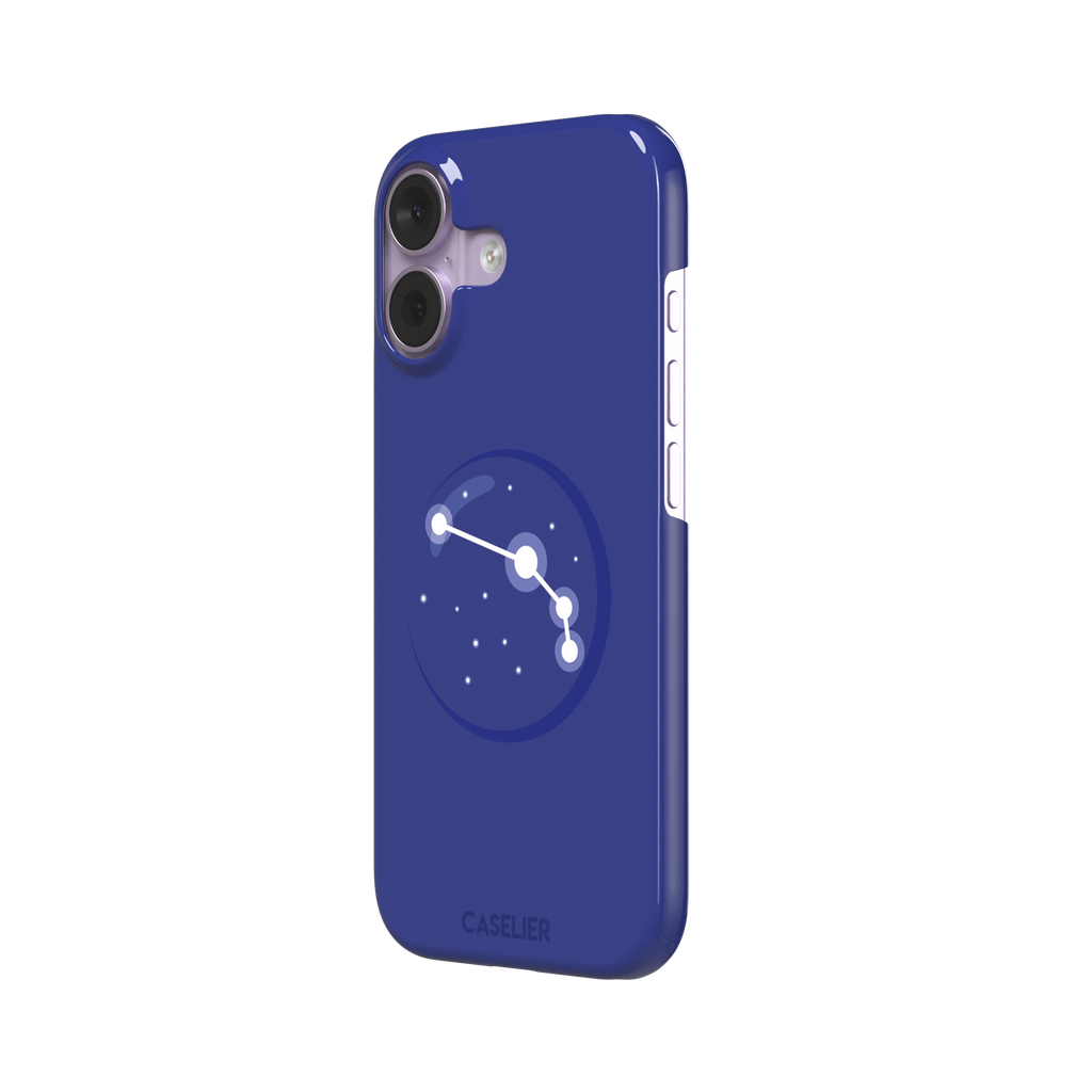 Starsigns phone case showing the Aries constellation as a simple glowing white line and dots inside a blue orb on a cobalt blue case, phone case by Caselier — snap case, right view