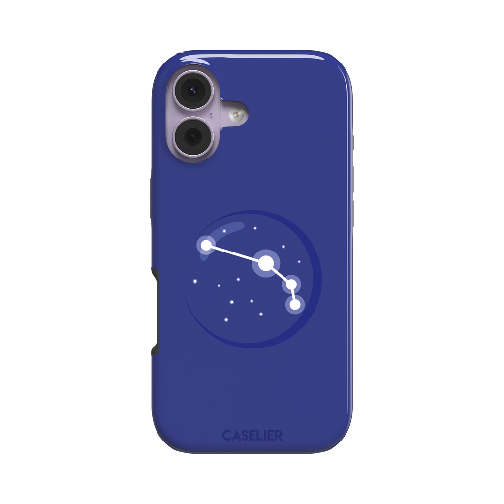 Starsigns phone case showing the Aries constellation as a simple glowing white line and dots inside a blue orb on a cobalt blue case, phone case by Caselier — tough case, front view