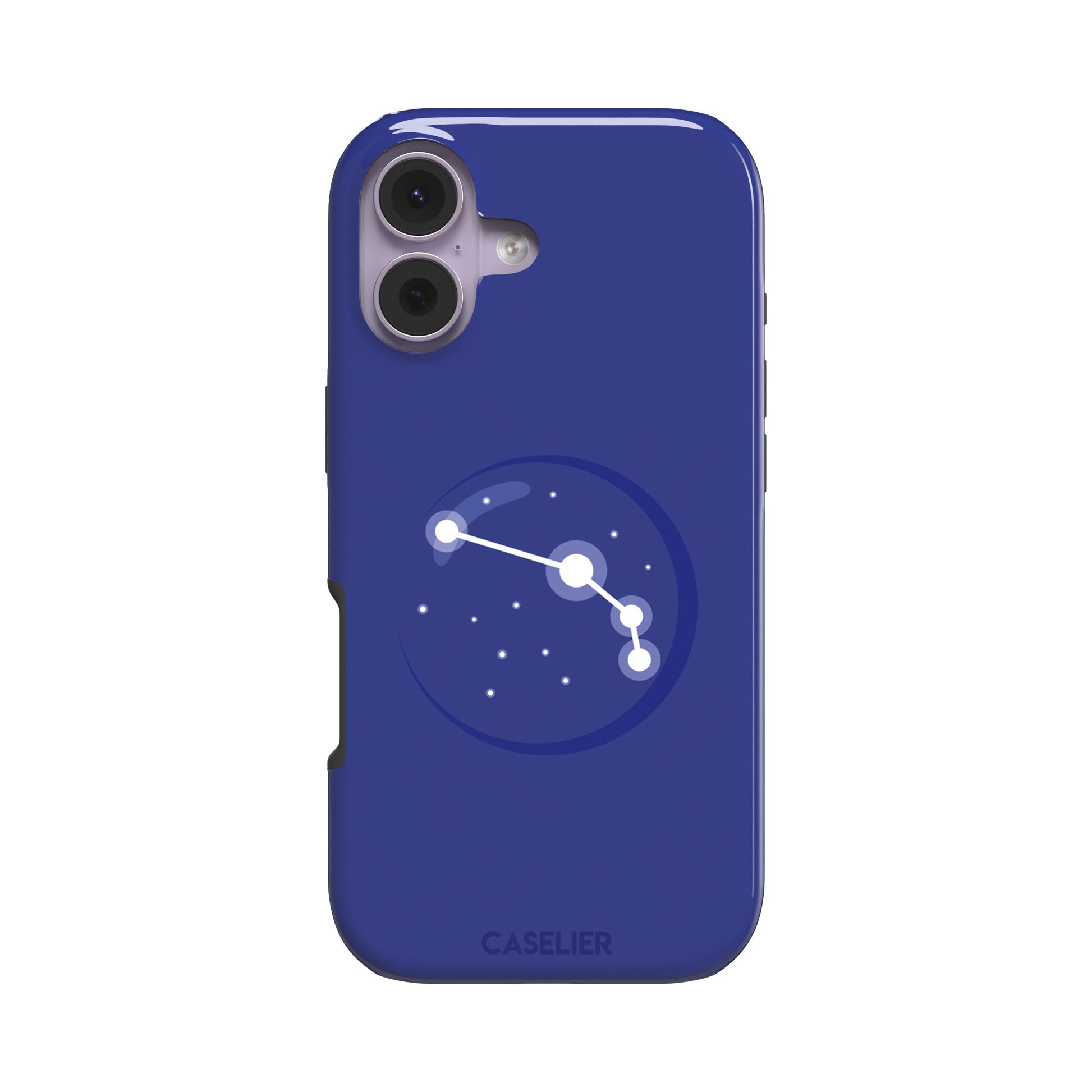 Starsigns phone case showing the Aries constellation as a simple glowing white line and dots inside a blue orb on a cobalt blue case, phone case by Caselier — tough case, front view