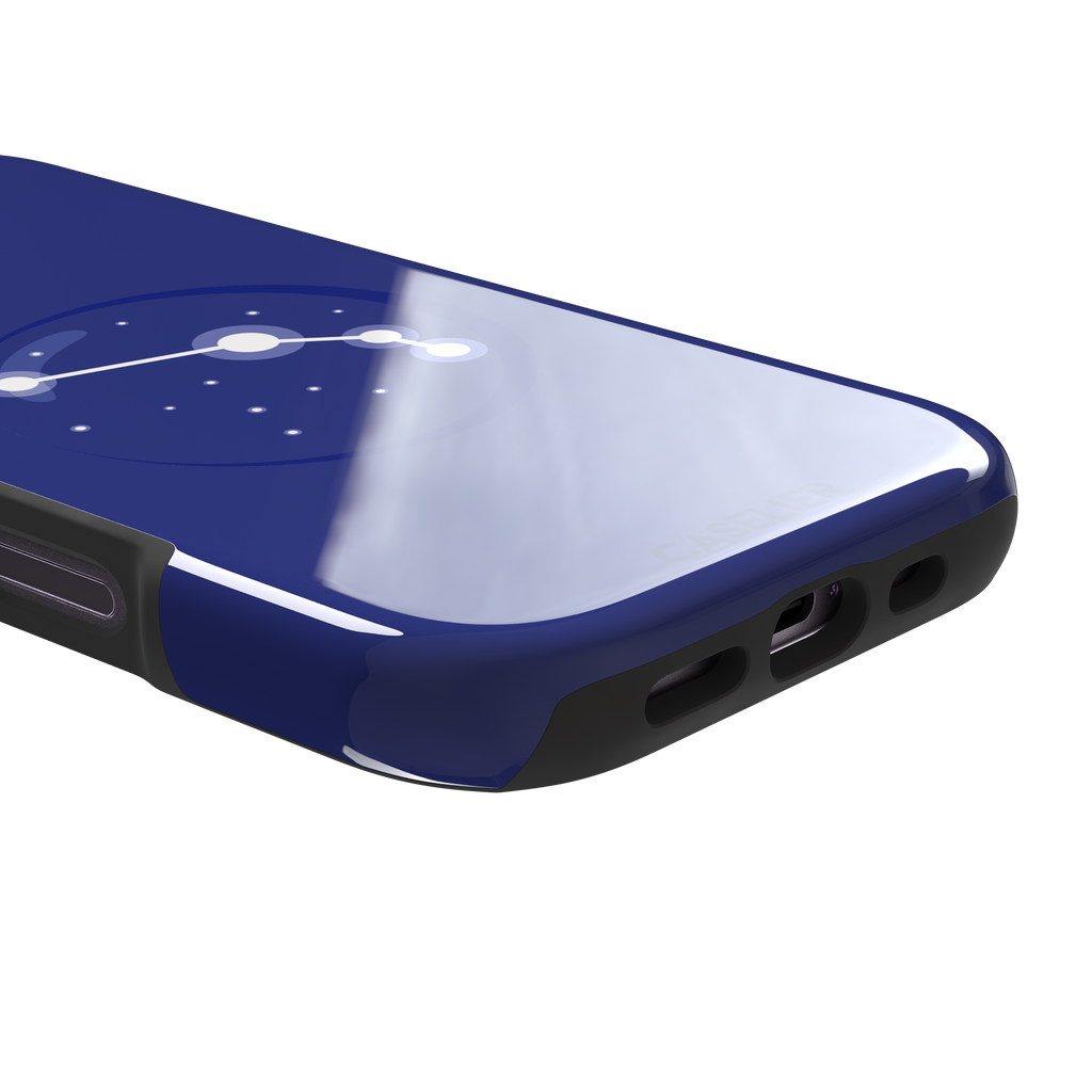 Starsigns phone case showing the Aries constellation as a simple glowing white line and dots inside a blue orb on a cobalt blue case, phone case by Caselier — tough case, charging port detail