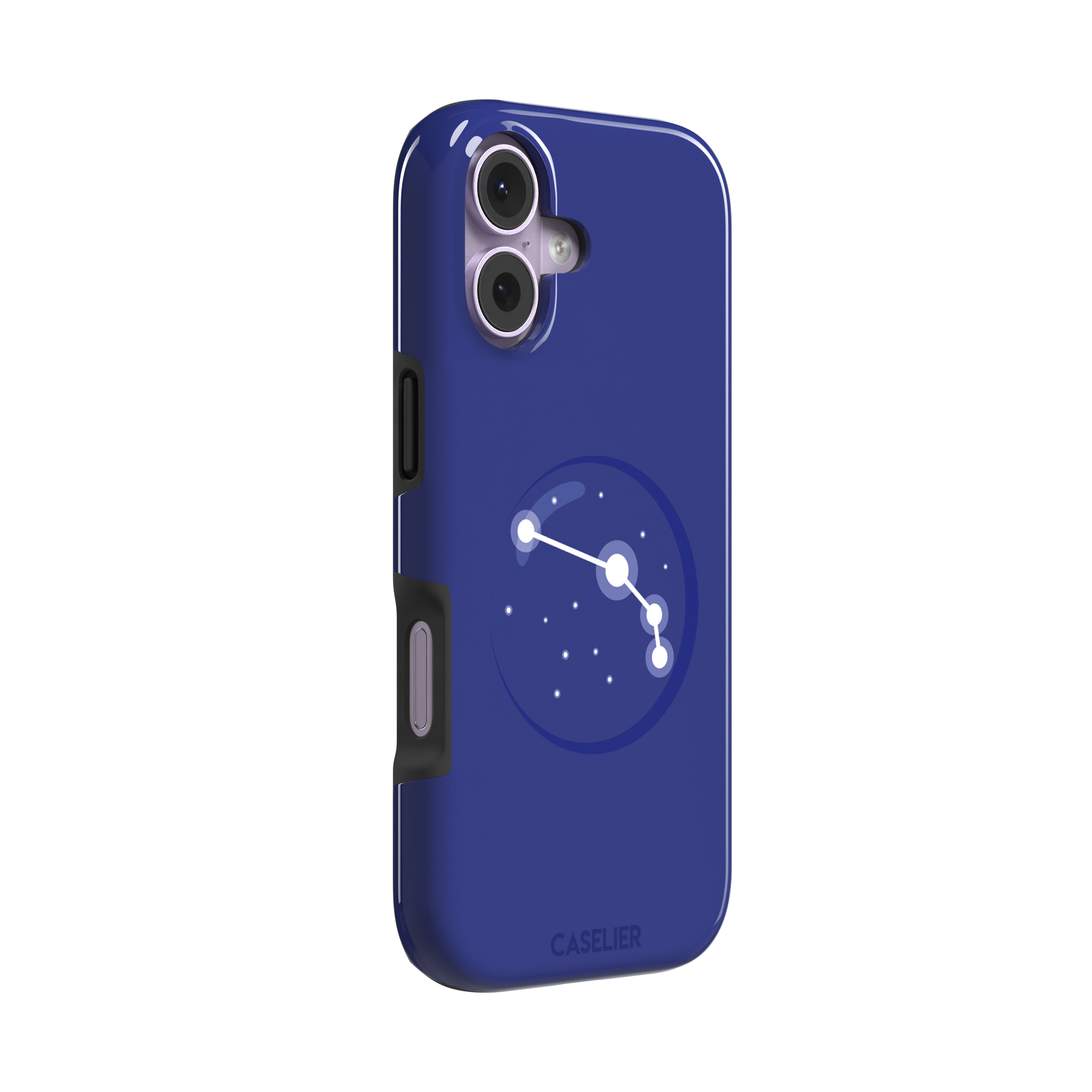 Starsigns phone case showing the Aries constellation as a simple glowing white line and dots inside a blue orb on a cobalt blue case, phone case by Caselier — tough case, left view