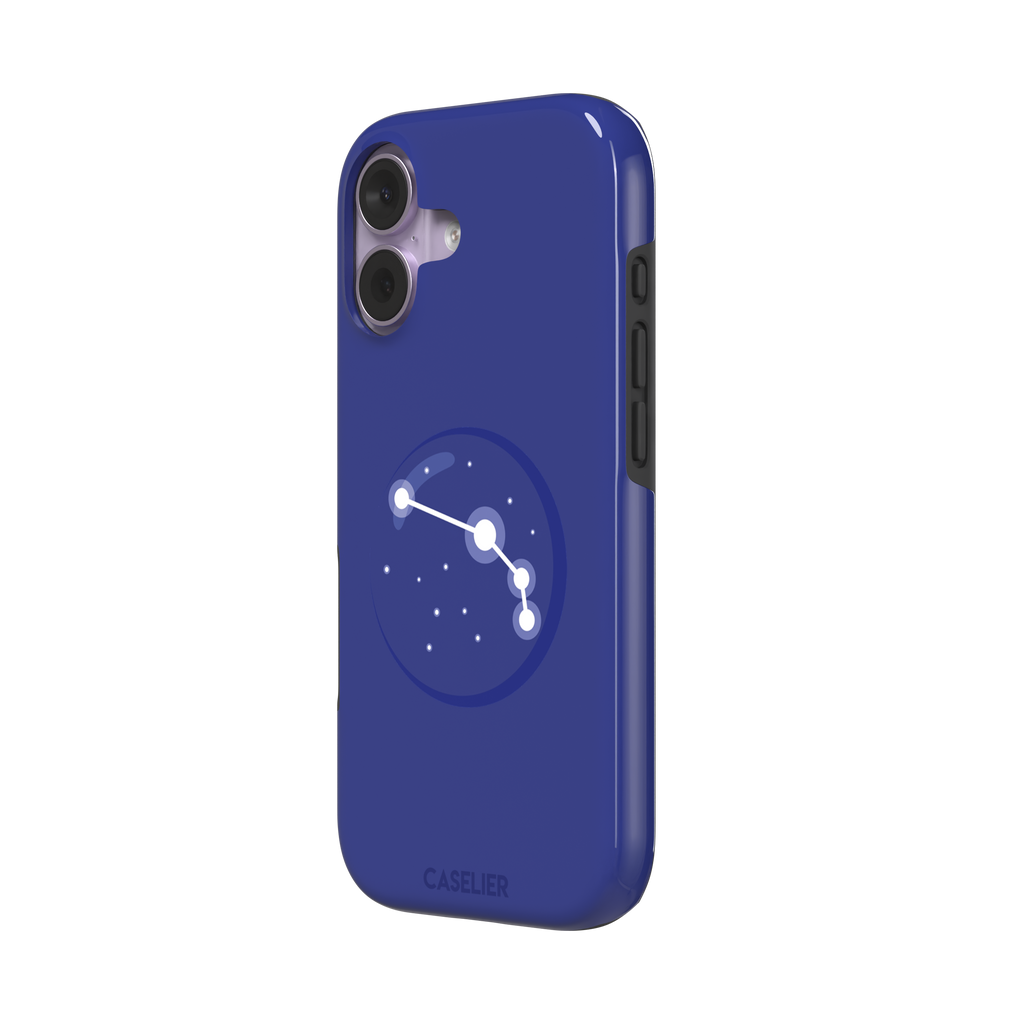 Starsigns phone case showing the Aries constellation as a simple glowing white line and dots inside a blue orb on a cobalt blue case, phone case by Caselier — tough case, right view