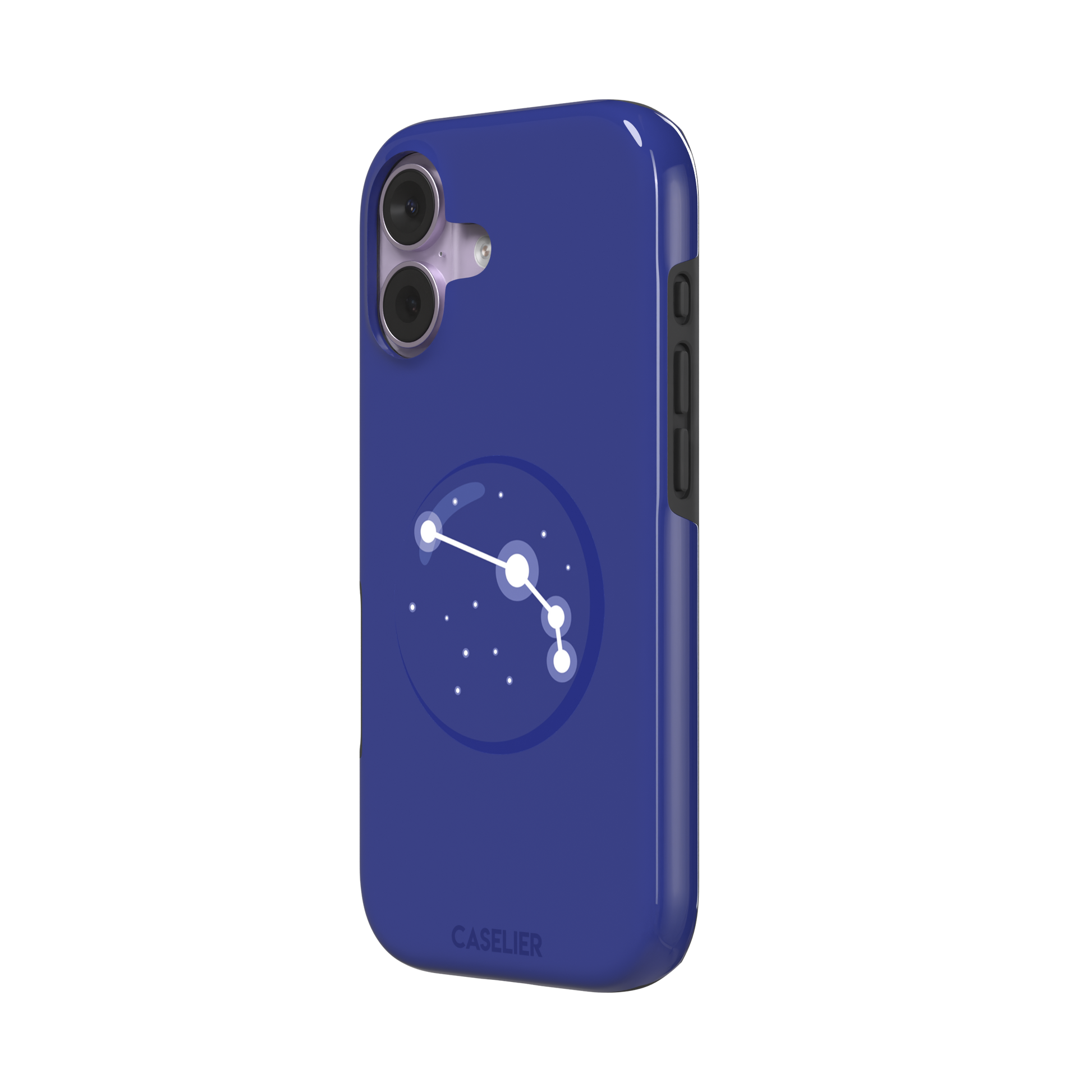 Starsigns phone case showing the Aries constellation as a simple glowing white line and dots inside a blue orb on a cobalt blue case, phone case by Caselier — tough case, right view