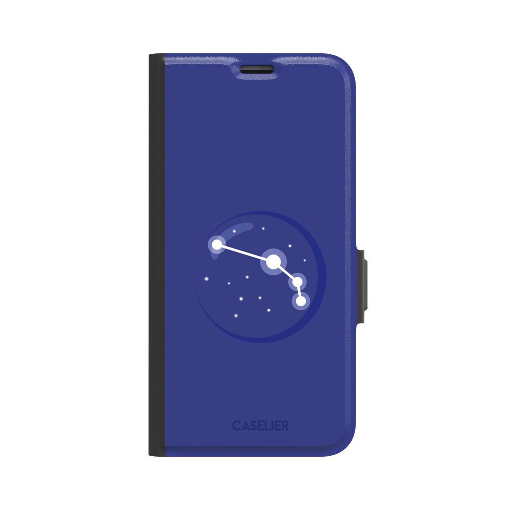 Starsigns phone case showing the Aries constellation as a simple glowing white line and dots inside a blue orb on a cobalt blue case, phone case by Caselier — wallet case, front view