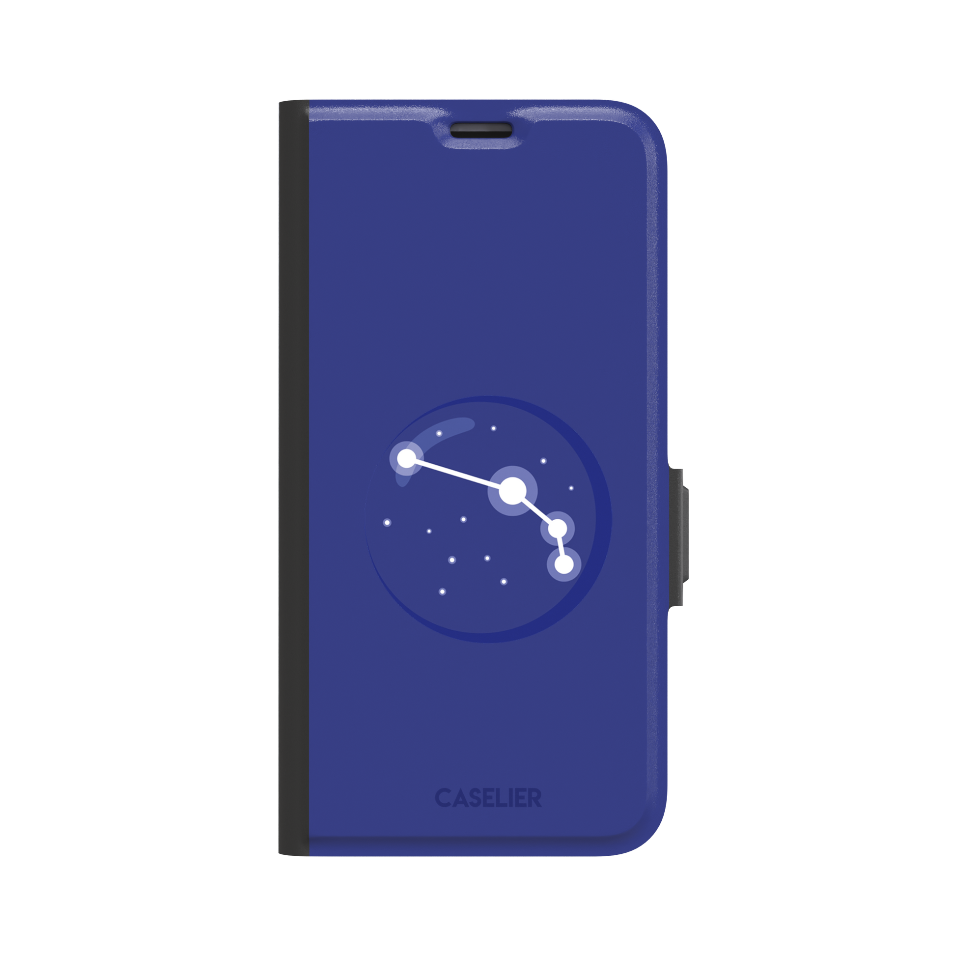 Starsigns phone case showing the Aries constellation as a simple glowing white line and dots inside a blue orb on a cobalt blue case, phone case by Caselier — wallet case, front view